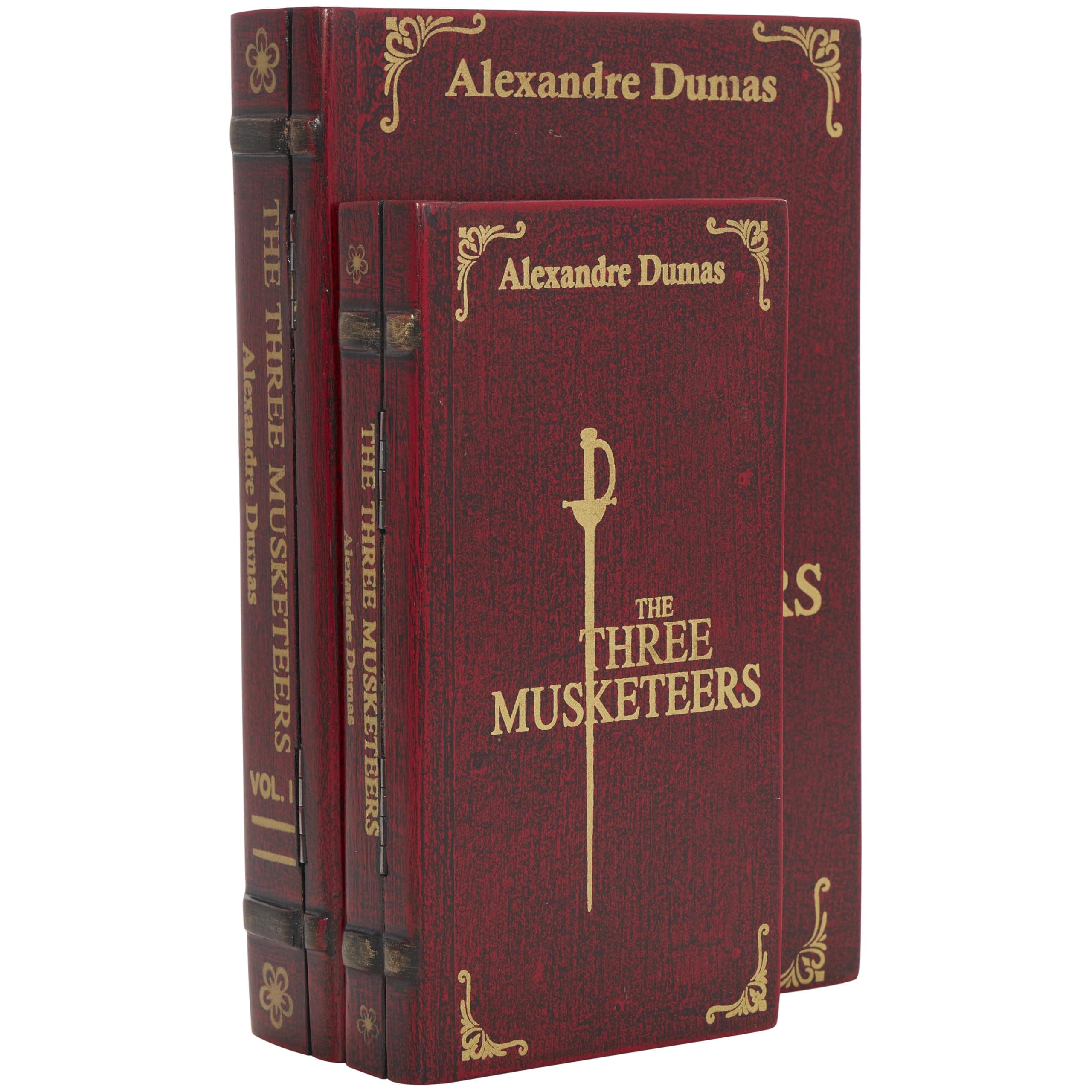 Deco 79 Wooden Decorative Box "The Three Musketeers" Storage Faux Book Decorative Keepsake Boxes, Set of 2 Storage Boxes 11", 9"W, Red