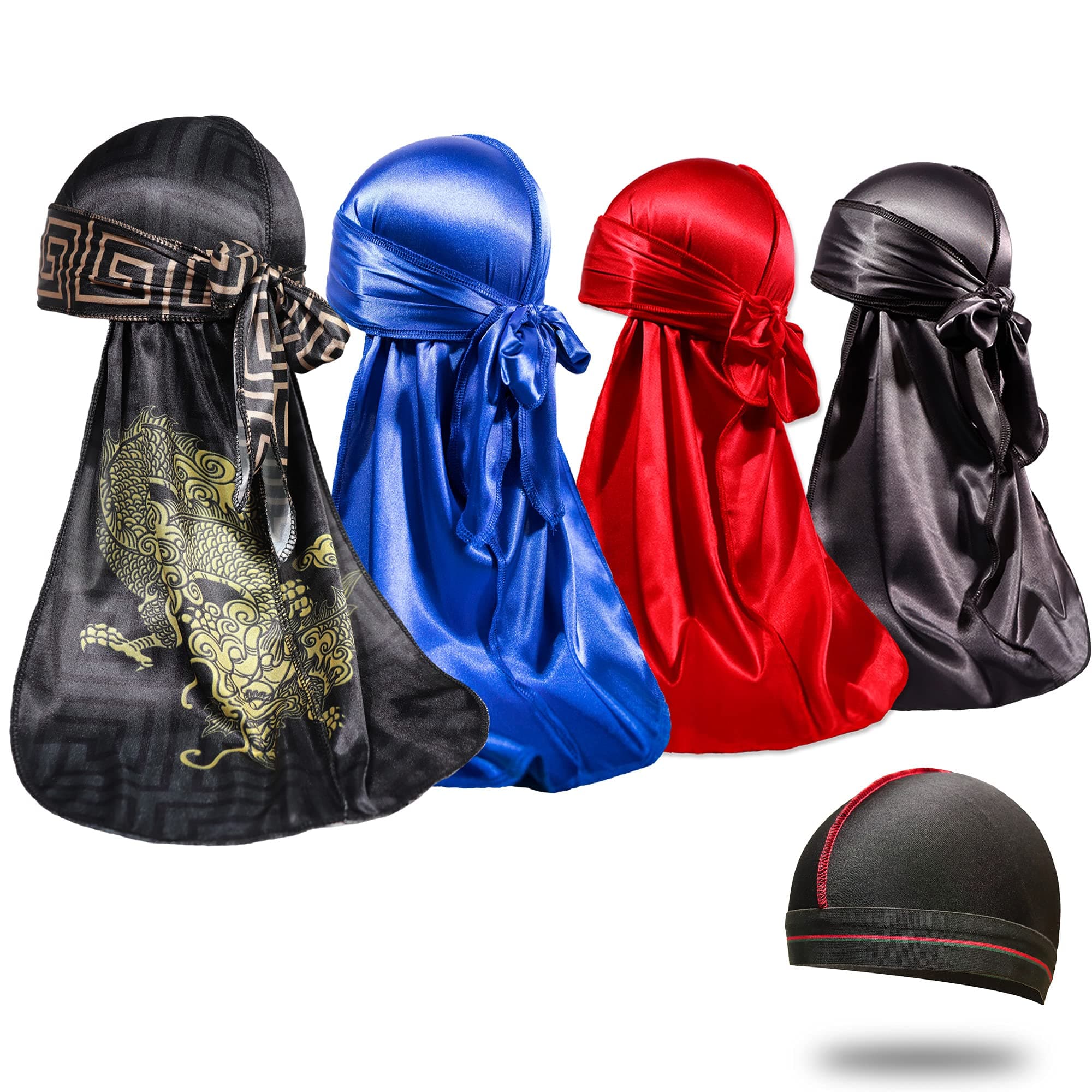 4PCS Silky Durags for Men 360 Waves, Designer Do Rag, 1 Wave Cap