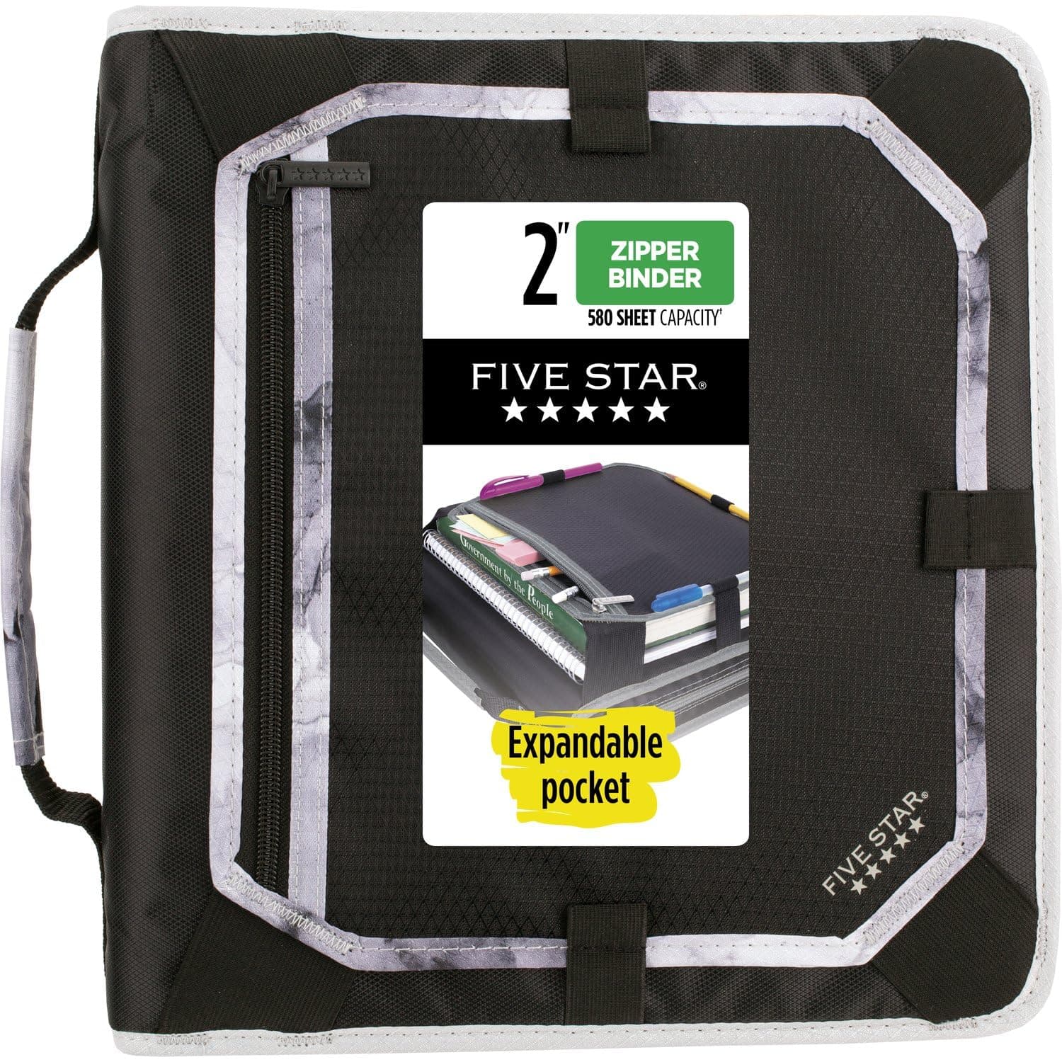 Five Star 2 Inch Zipper Binder, 3 Ring Binder, Expansion Panel, Durable, Black/Gray (29052IT8)
