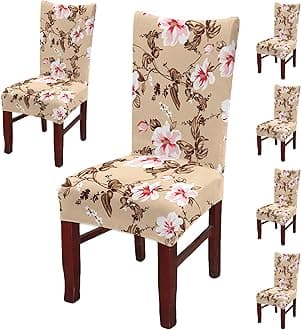 BRIDA® Polyester Spandex Stretchable Floral Geometric Printed Dining Chair Covers Elastic Chair Seat Case Protector, Slipcovers (6 Chair Cover, Beige Pink)