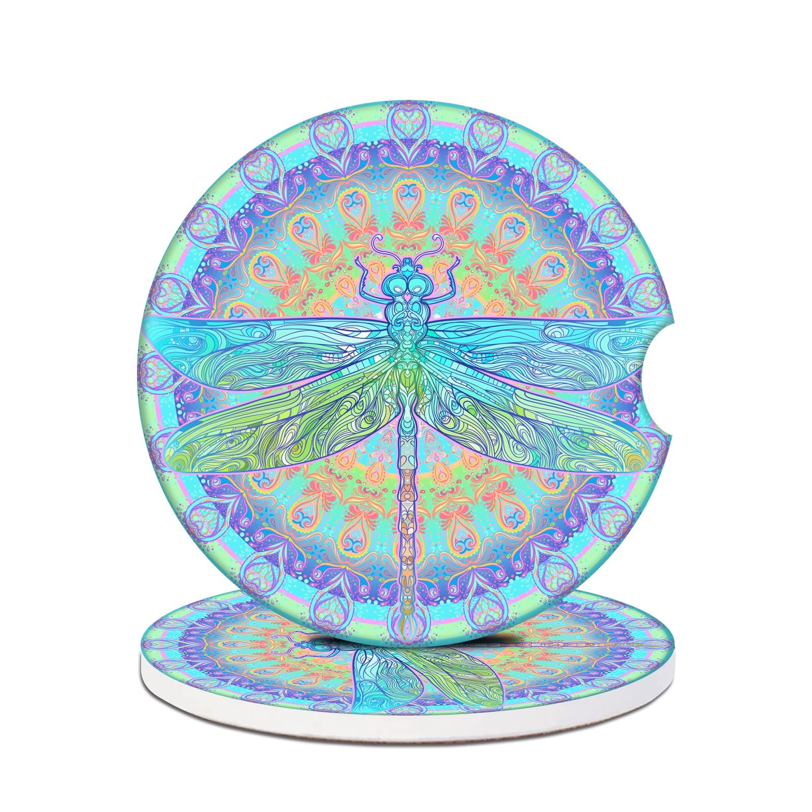 Car Cup Holder Coasters - Mandala Dragonfly Absorbent Ceramic Coaster 2 Pack, Anti Slip Car Coasters for Cup Holders, Fashion Car Interior Accessories Drink Coaster for Women & Men