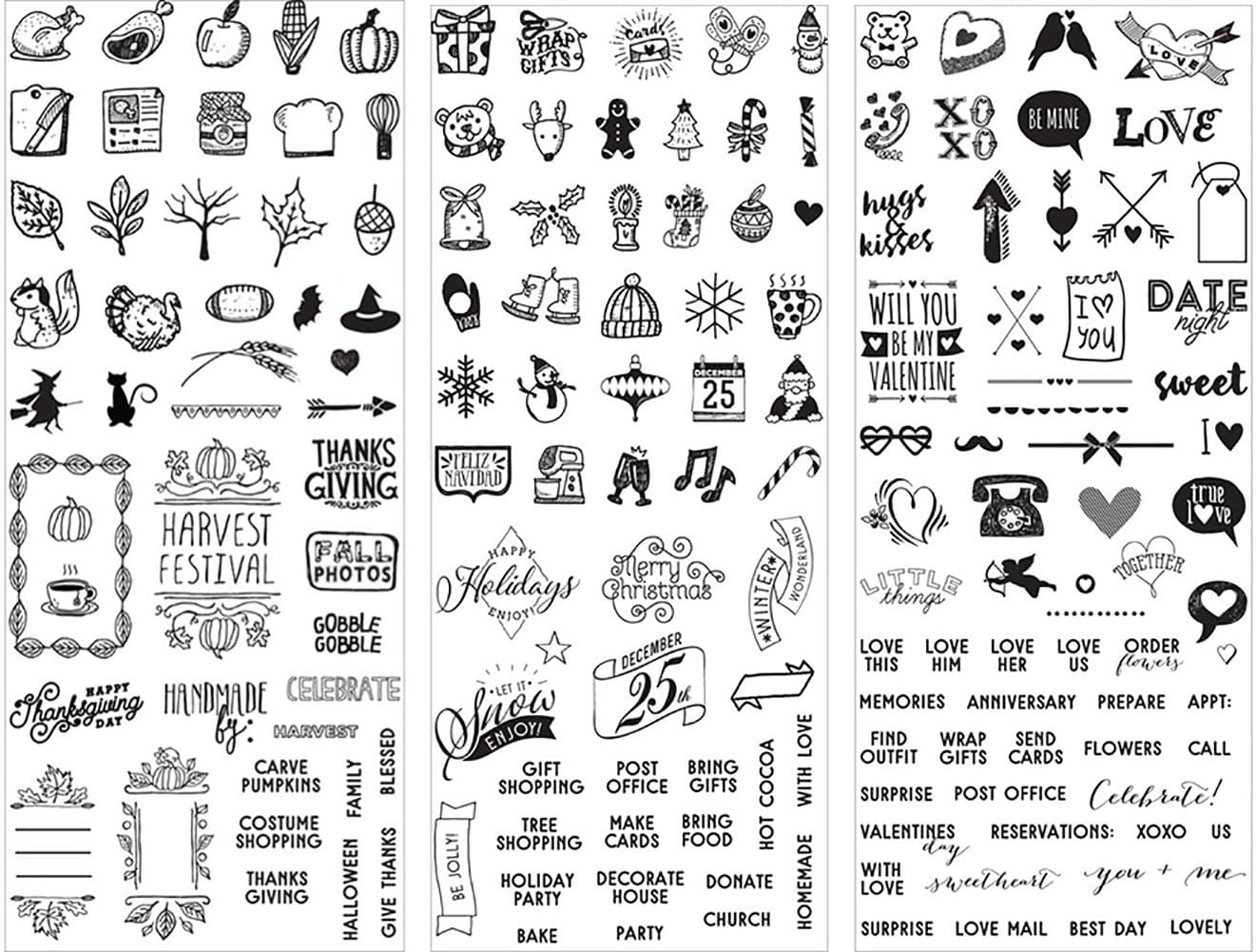 Mini Icons and Words Stamp Bundle with Fall, Christmas, and Valentines Day (Set of 3 Items)