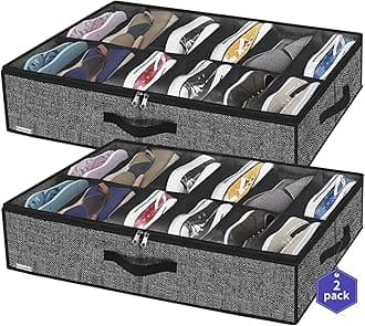 Onlyeasy Sturdy Under Bed Shoe Storage Organizer, Set of 2, Fit 12 to 24 Pairs, Underbed Shoes Closet Storage Solution with Clear Window, Breathable, L29.3 x W23.6 x H5.9, Linen-like Black, MXAUBSB2P