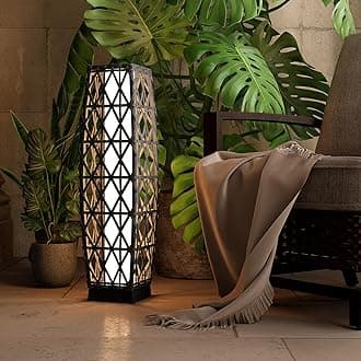 Outdoor Solar Powered Wicker Floor Lamp Outdoor Weather-Resistant Deck Light for Garden Porch - Silver Gray, Large Cindy