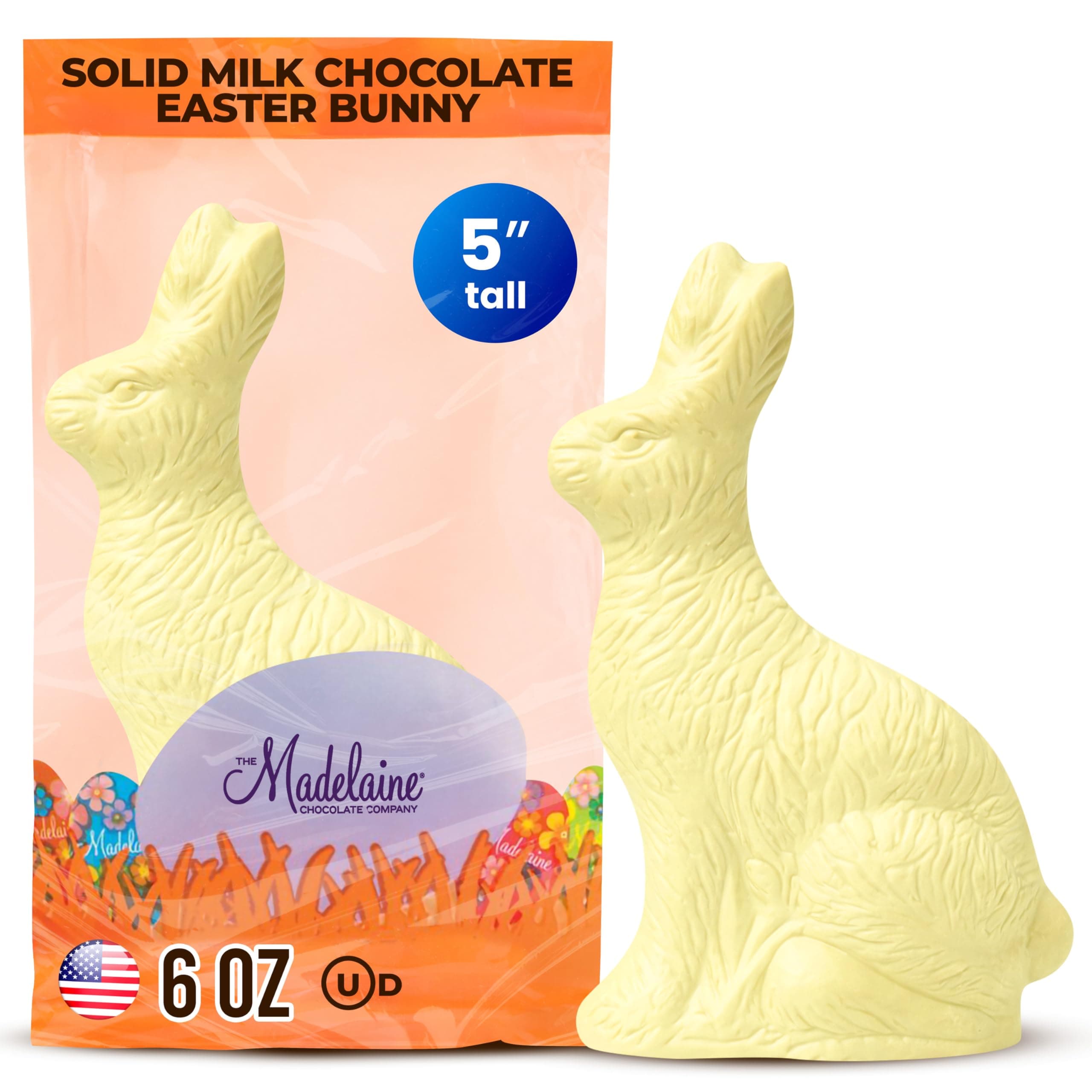 Madelaine Solid Premium White Milk Chocolate Easter Bunny in Cellophane Bag - 6 OZ, Perfect for Easter Basket Stuffers, Gifts, and Party Favors