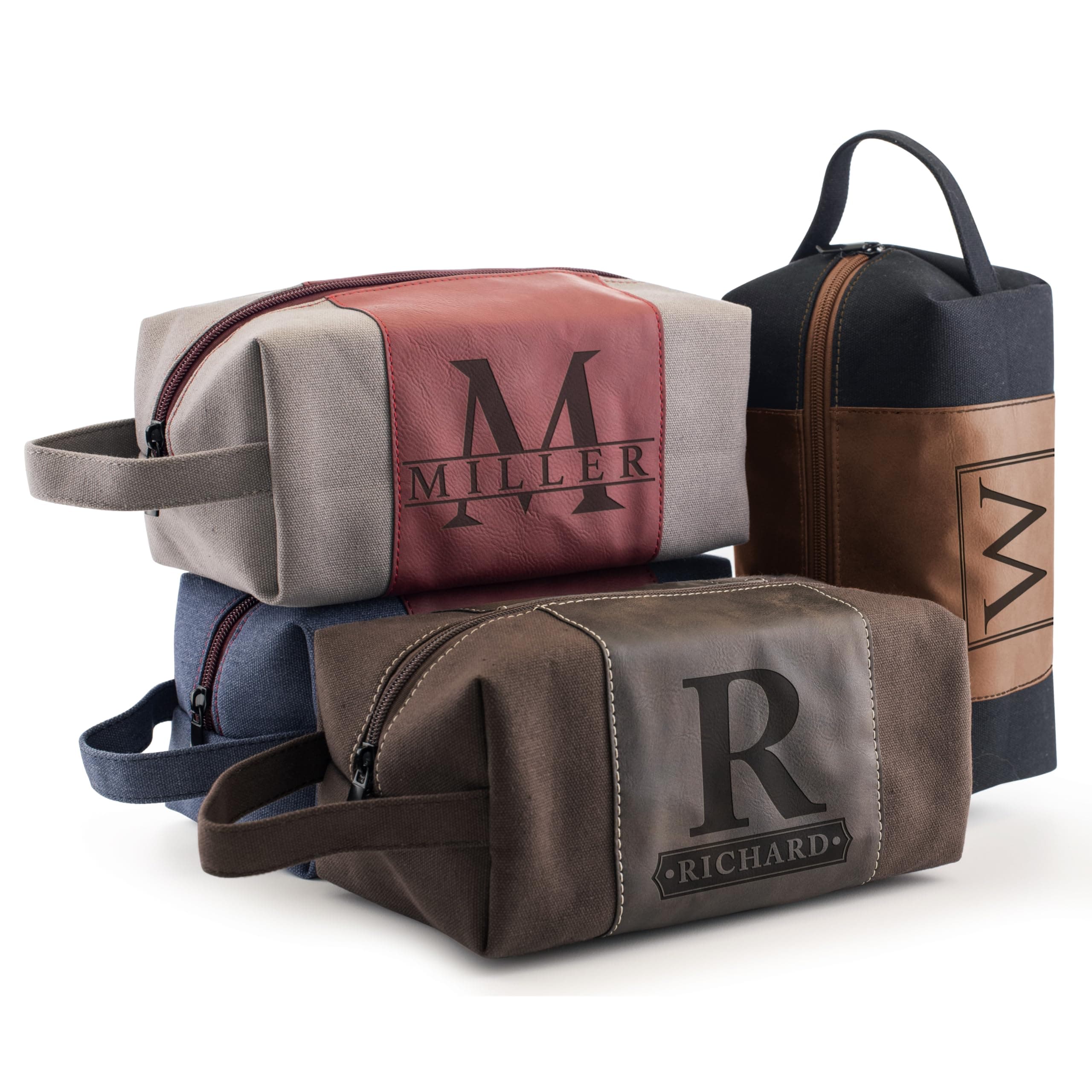 - Toiletry Bag for Men Personalized, Laser Engraved Initial & Name on Leather, Custom 4 Canvas Colors - Gift for Husband, Dad, Boy Friend, Handcrafted Travel Bag, Waterproof Shaving Dopp Kit