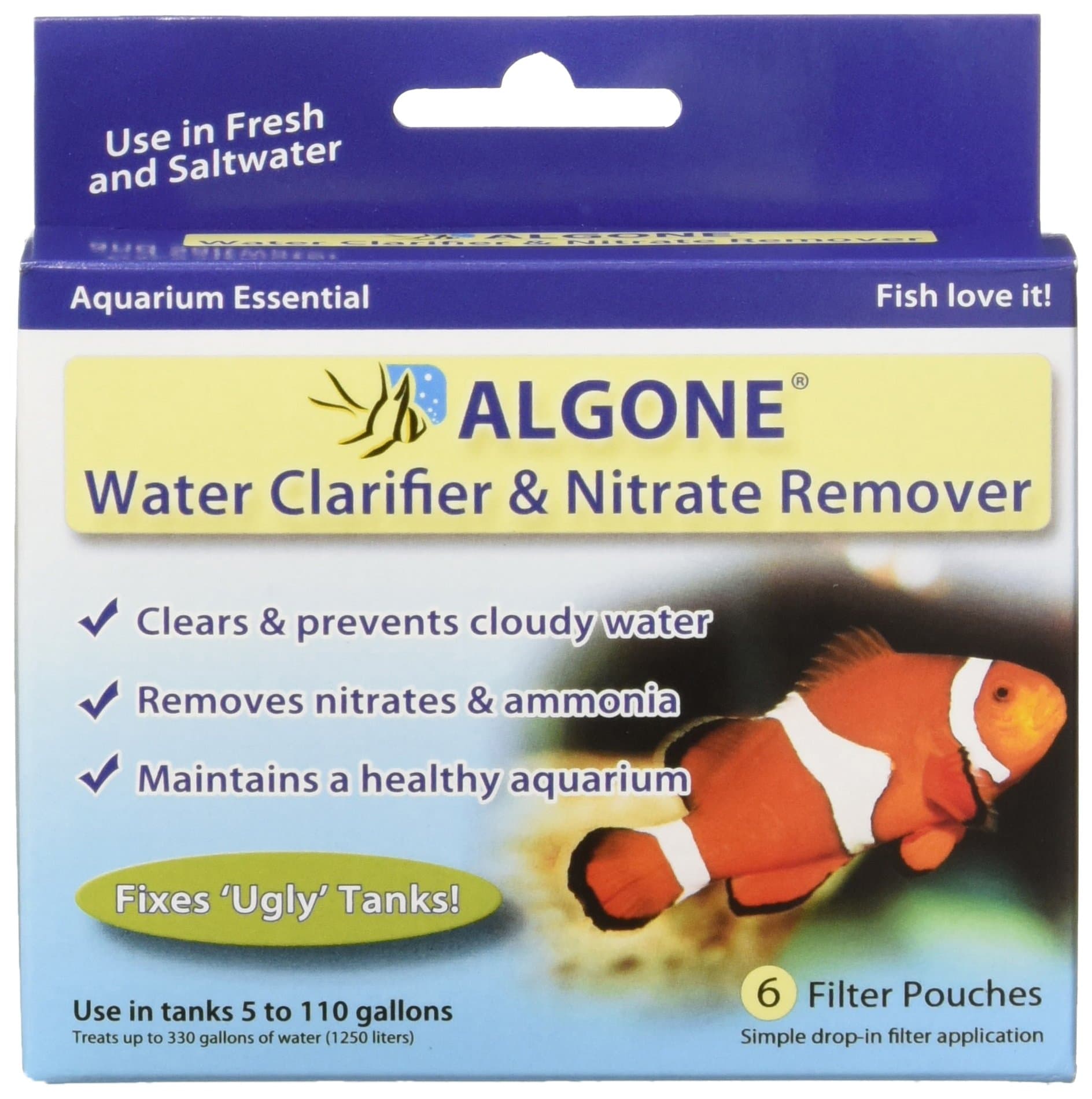 Algone Aquarium Water Clarifier and Nitrate Remover, 6 Filter Pouches