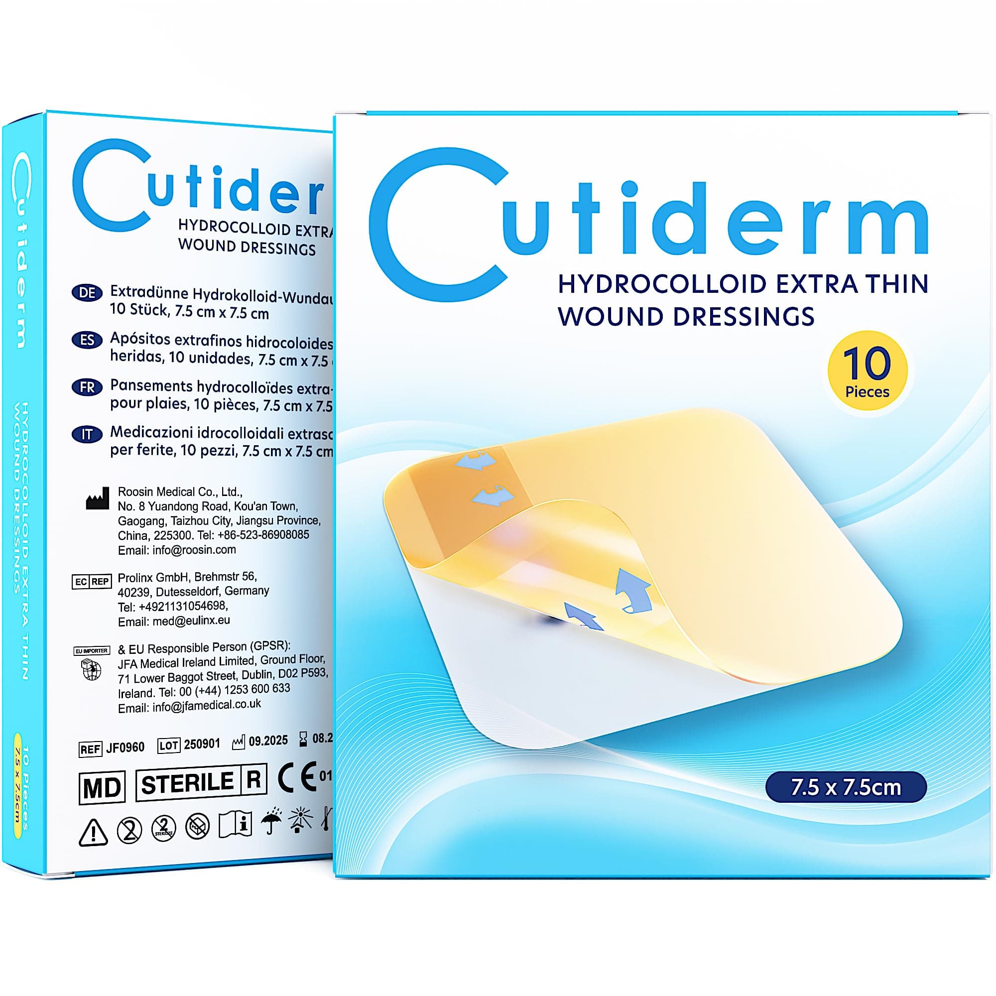 Pack of 10 Sterile Hydrocolloid Extra Thin Adhesive Wound Dressing 7.5cm x 7.5cm - for Cuts, Grazes, Superficial and Partial Thickness Burns, Pressure sores, and Venous Leg ulcers