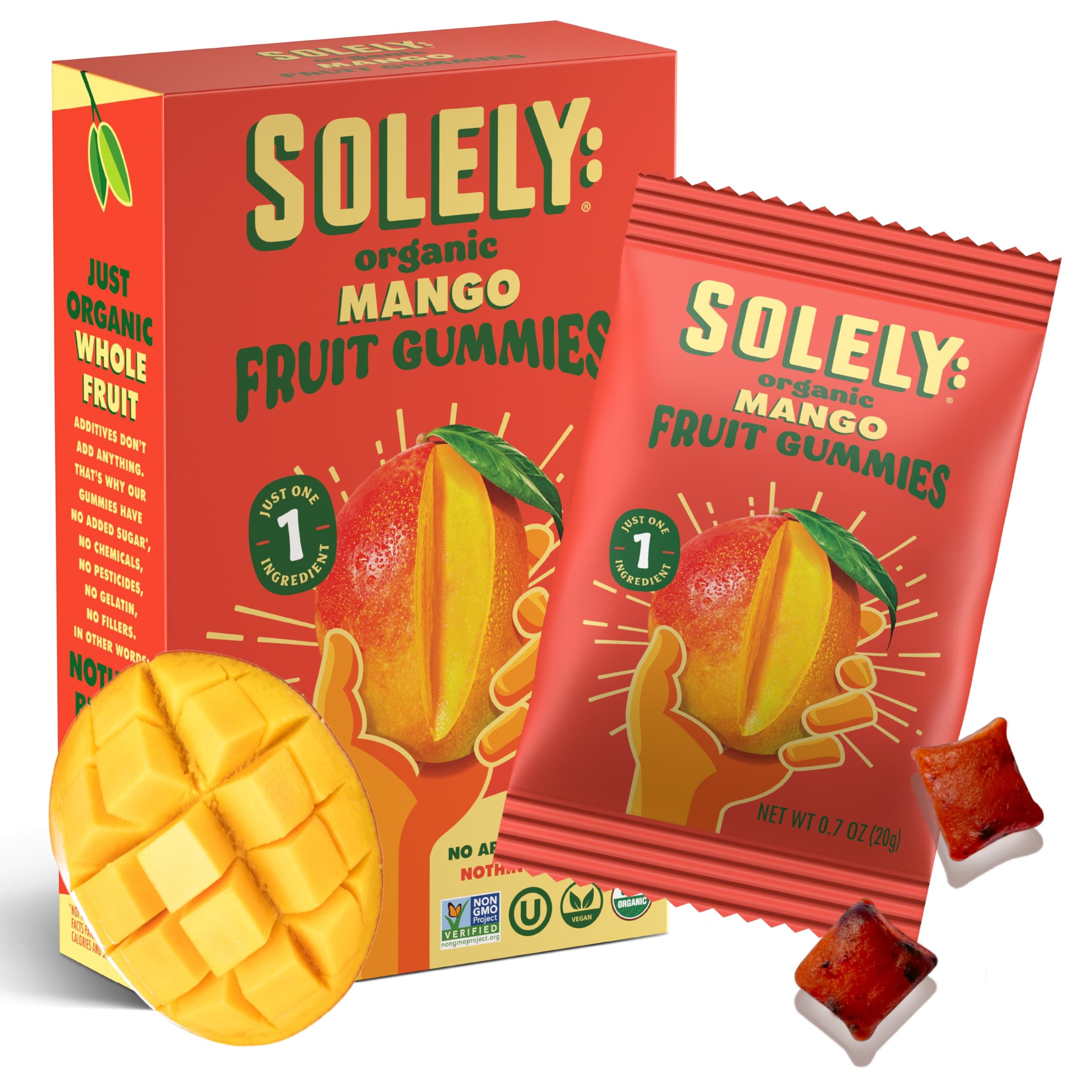 SOLELY - Organic Mango Whole Fruit Gummies (Pack of 1 Box, 5 Bags per Box) - Real Fresh Fruit - Healthy Snacks for Adults & Kids - Non GMO, Vegan Snacks, Shelf Stable - 5 Bags (3.5 oz)