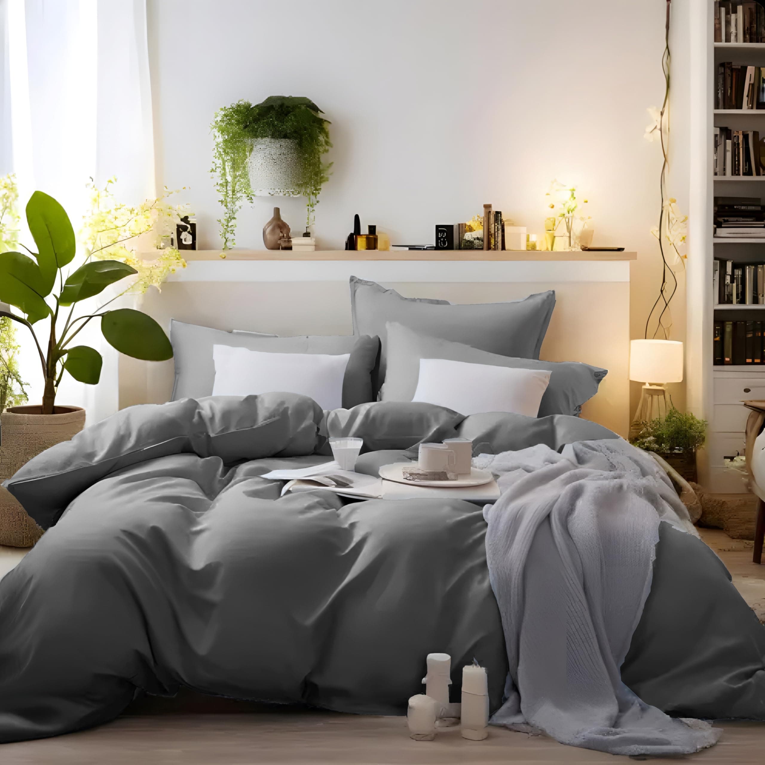 MOHAP Bedding Double Duvet Cover Set 3 PCS Double Plain Brushed Microfiber Bedding 1 Duvet Cover with 2 Zippers and 2 Pillowcases Grey