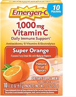 Emergen-C 1000mg Vitamin C Powder for Daily Immune Support Caffeine Free Vitamin C Supplements with Zinc and Manganese, B Vitamins and Electrolytes, Super Orange Flavor - 10 Count
