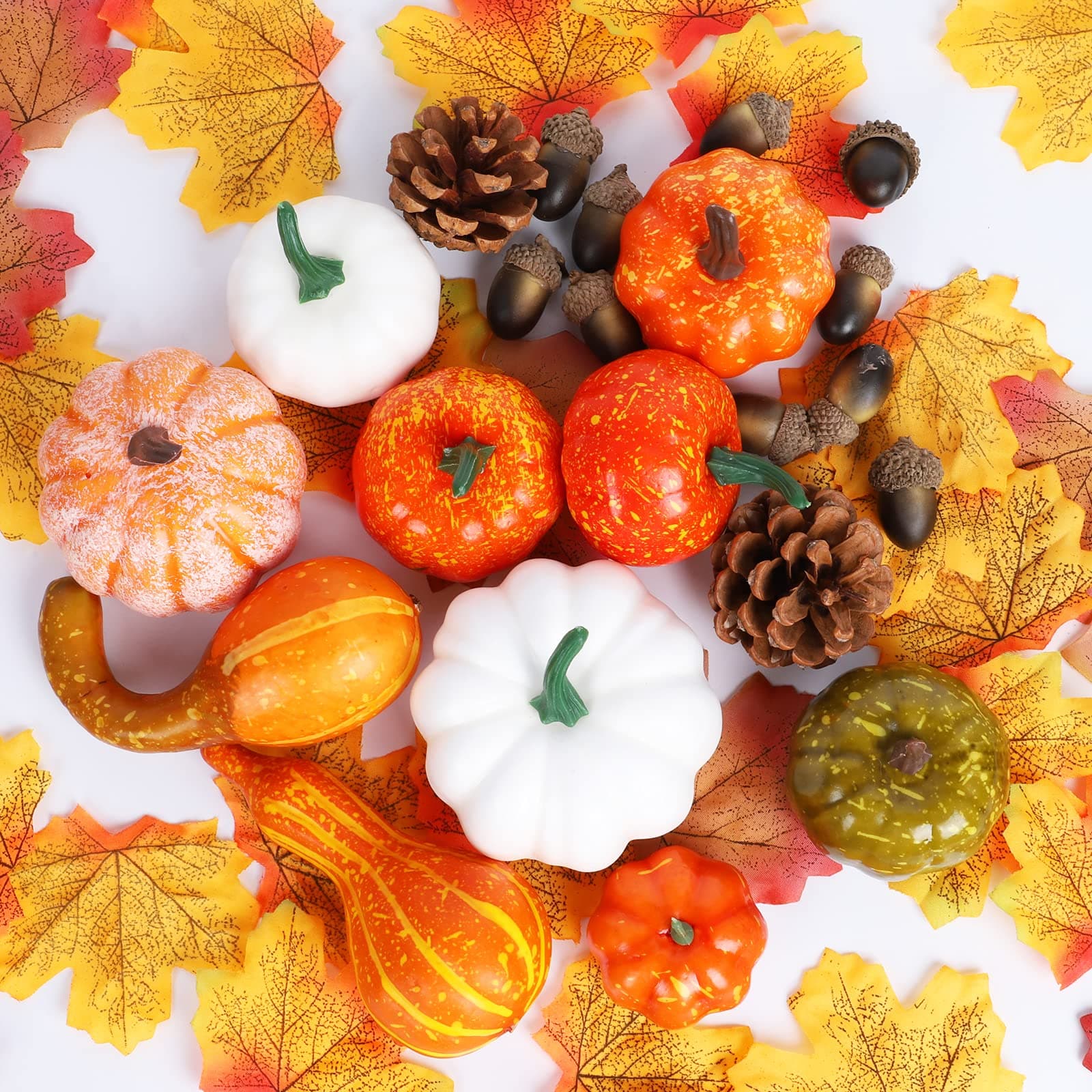 YANGTE 86Pcs Autumn Decorations Pumpkins set Halloween Decorations Artificial Mini Pumpkins Fake Maple Leaves Acorns Gourds for Fall Home Party Decor