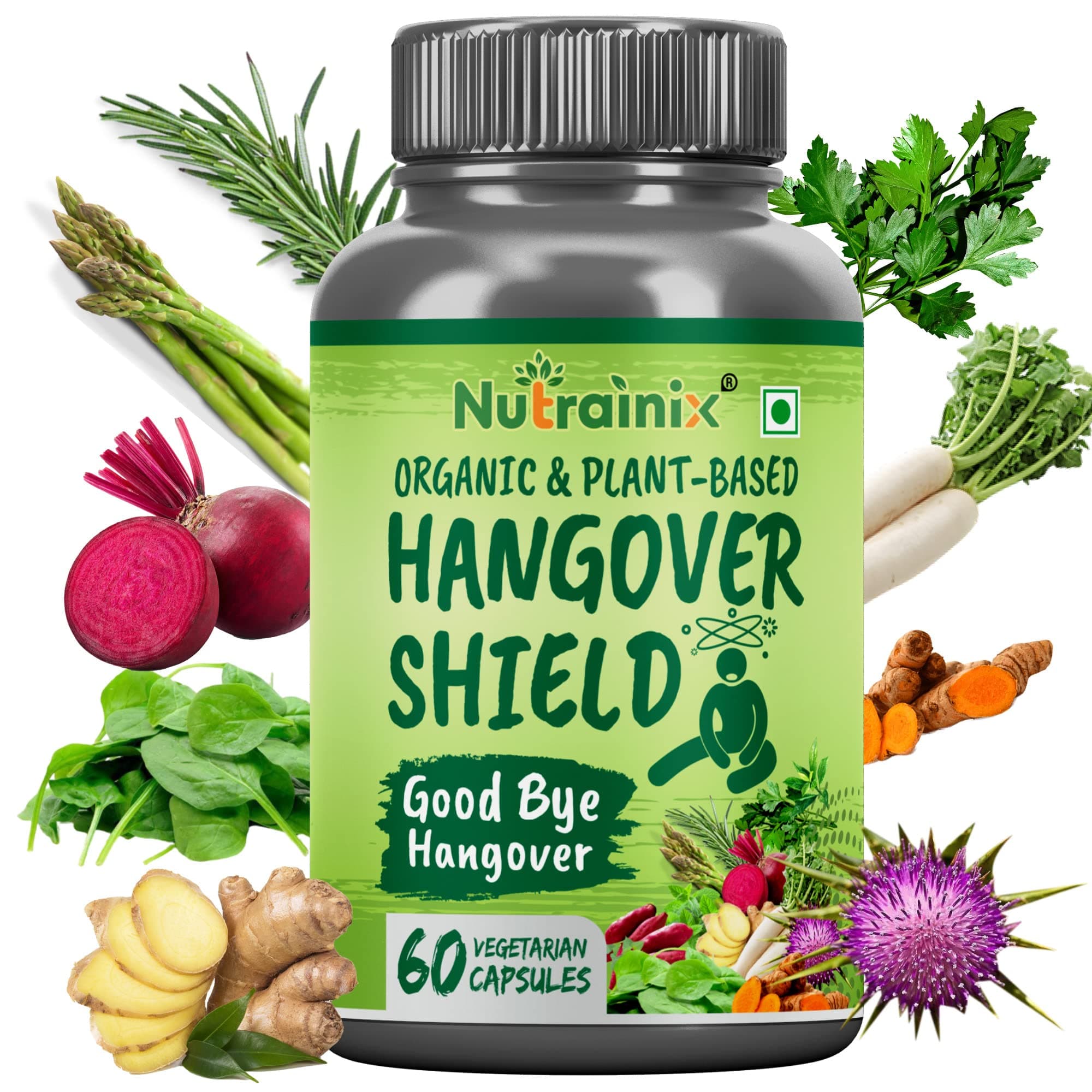 Nutrainix Plant Based Hangover Shield - Good Bye Hangover | Liver Protector Shield Healthy Habit for Detoxed Body Refreshed Hangover Refresh mornings - 60 Veg Capsules