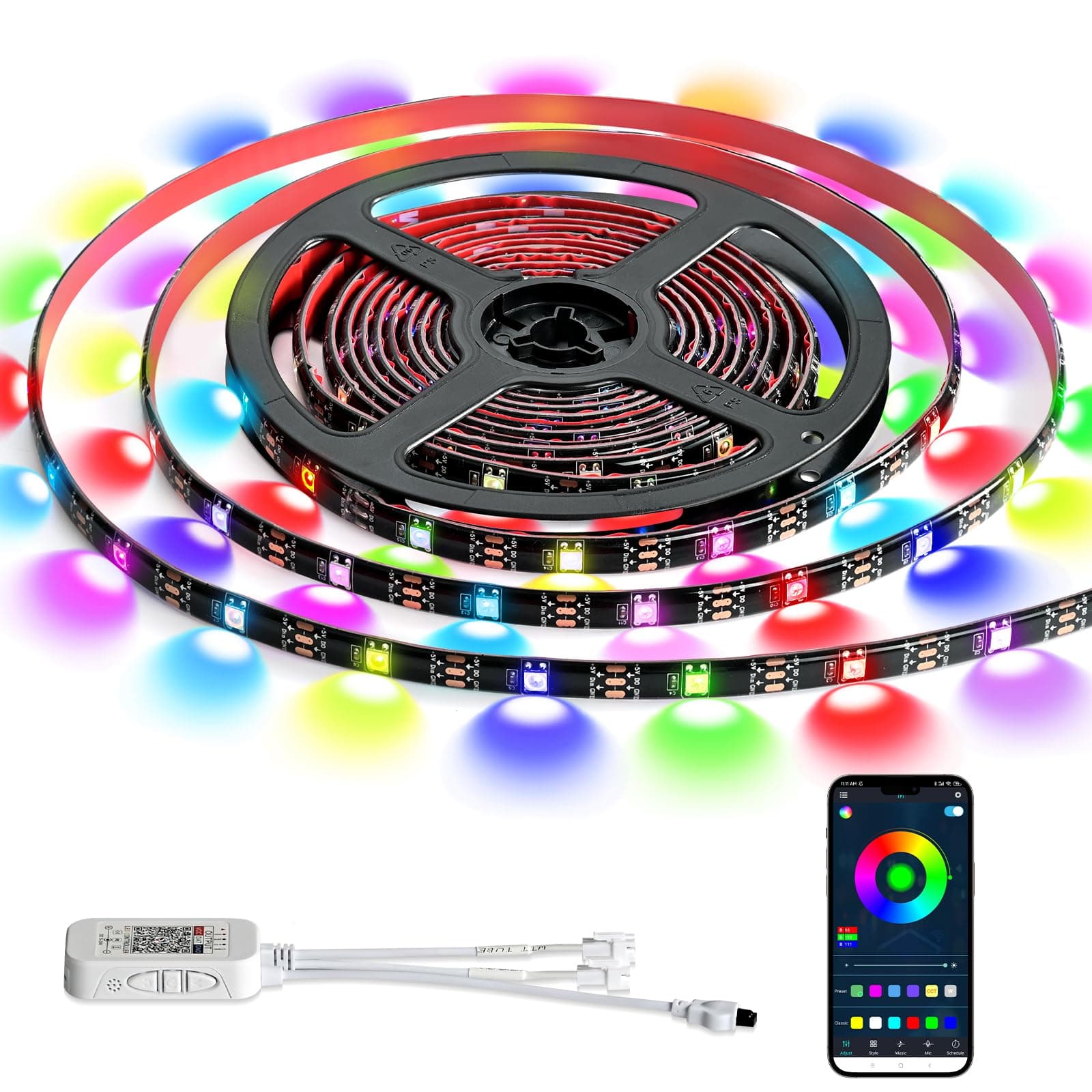 Upgrade Smart RGB Music Sync Multiple Colors Chasing 16.4ft neon Led Strip Lights Cuttable and Linkable, Flexible Outdoor Led Strip Lights Waterproof, Button or APP Control led Lights Strip