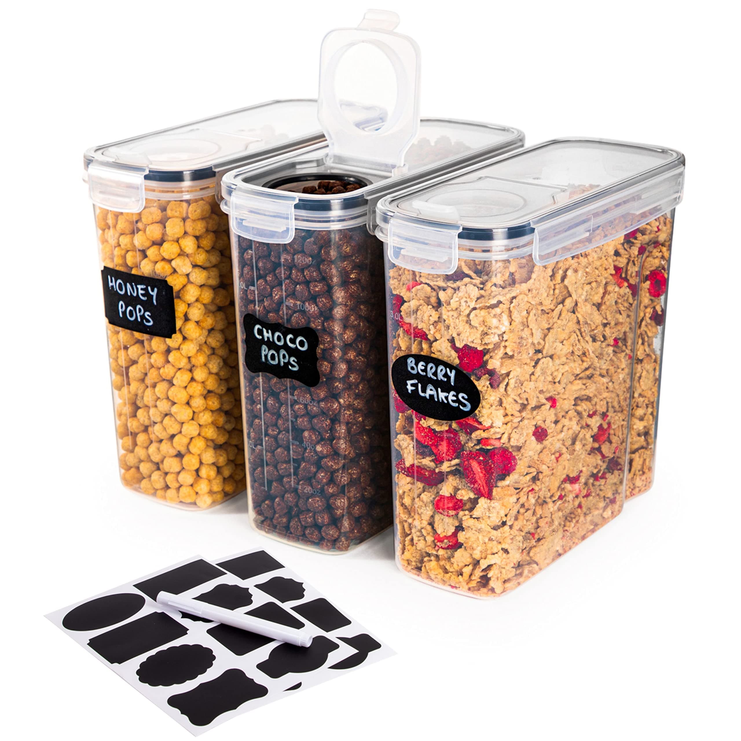 Cereal Storage Containers – 3Pcs Set Plastic Food Storage Containers – Practical Cereal Dispenser – Food Grade and BPA Free – Durable and Easy to Use – Ideal for Cornflakes, Flour Storage