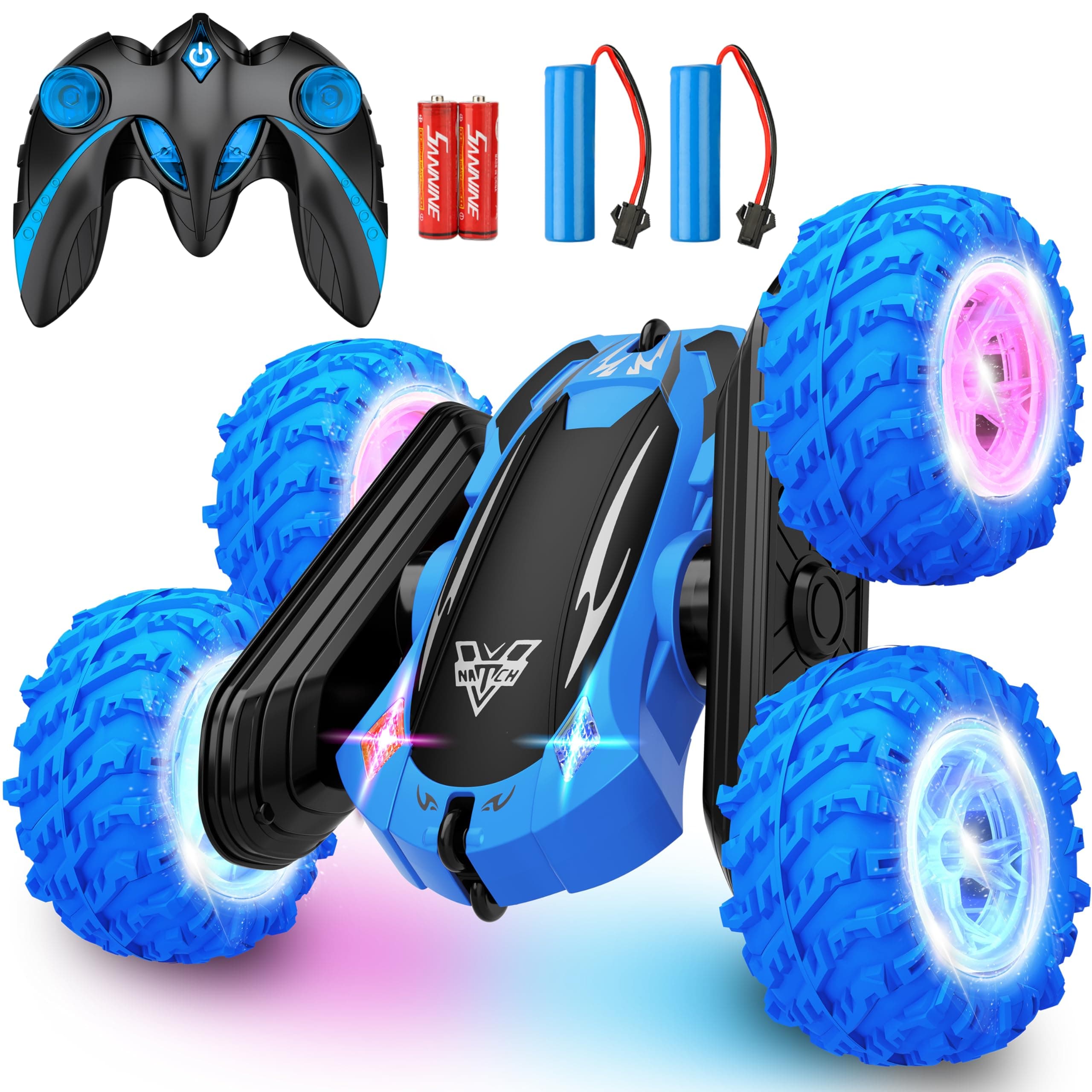 KKONES Remote Control Car, 2.4GHz Double Sided 360° Flips Rotating Electric Race RC Stunt Car, LED Wheel & Headlight High Speed Off Road Cars Toy Gift for 3 4 5 6 7 8-12 Year Old Boy Toys (Blue)