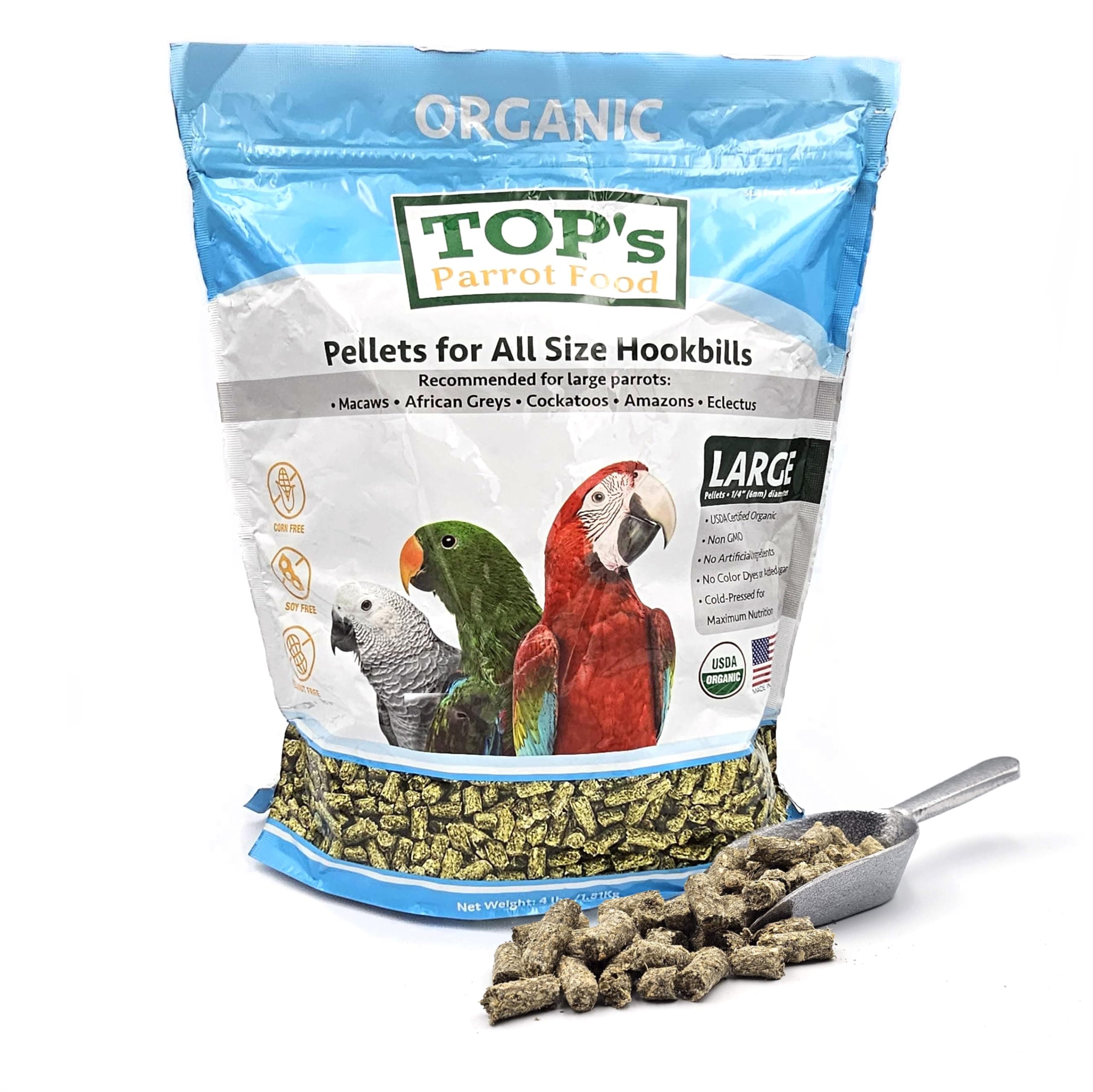 Pellets Hookbills, Small, Medium and Large Parrots - Non-GMO, Peanut Soy & Corn Free, USDA Organic Certified - 4 lb / 1.81 kg