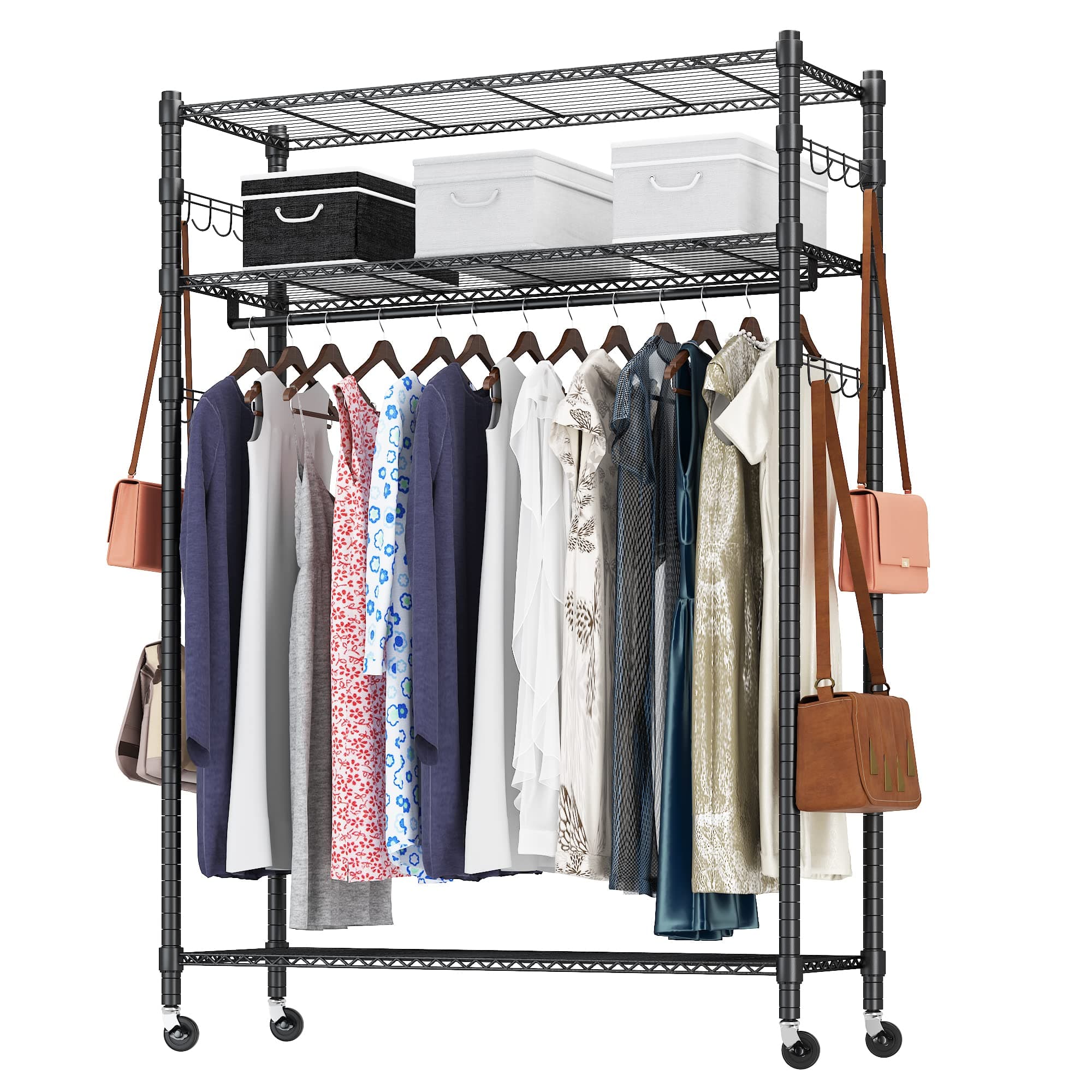 Heavy Duty Clothes Rack, Adjustable Rolling Garment Rack with Shelves, Freestanding Wardrobe Rack 1 Clothes Hanging Bar, 3 tired Wire Shelving, 4 Hanger Hooks - Hold Up to 400Lbs (Black, 1Rod 4Hook)