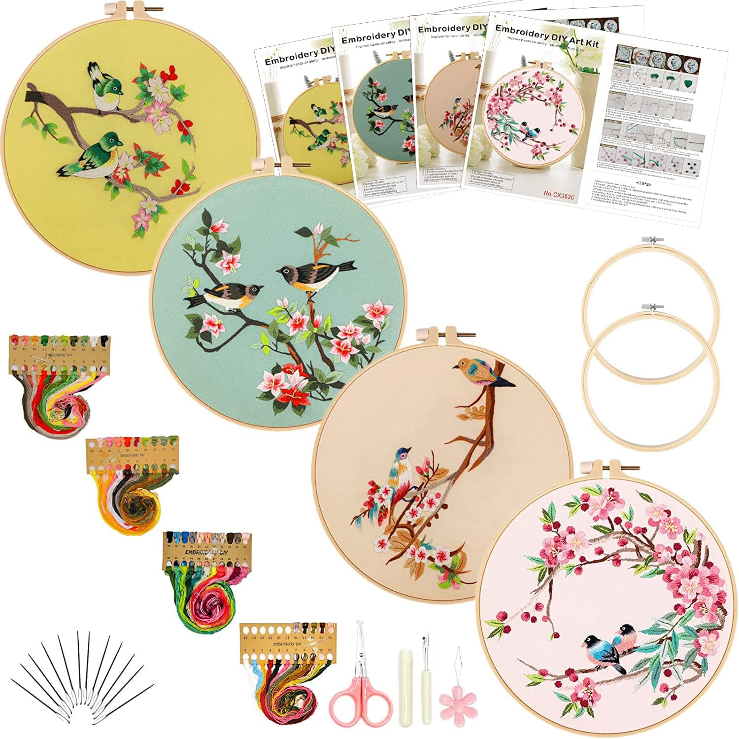Birds Embroidery Kit for Beginners with Pattern and Instructions,4 Pack Cross Stitch Kits,2 Wooden Embroidery Hoops, Threads and Needles, Needlepoint Kit for Adults