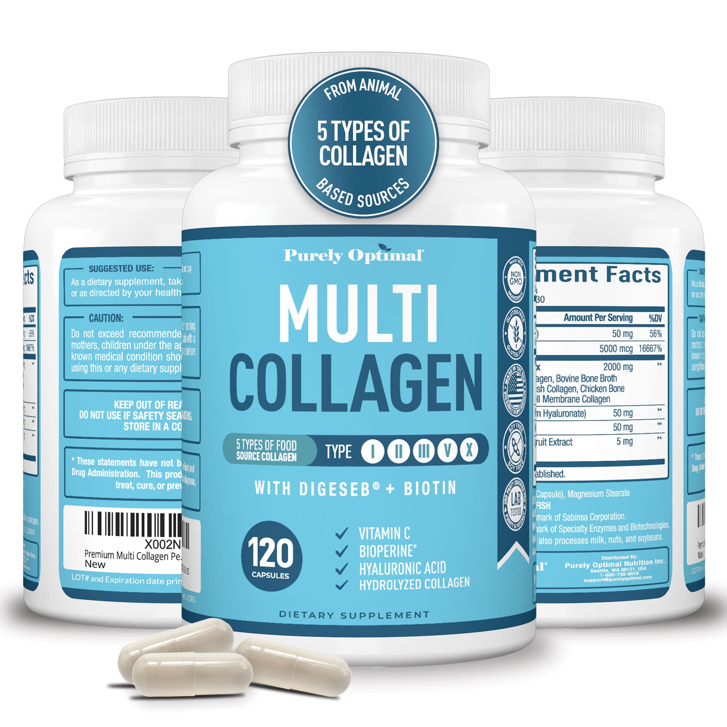 Premium Multi Collagen Peptides (Types I, II, II, V, X) - Collagen Pills for Skin Care, Hair Growth, Nails & Joints - Vitamin C, Hyaluronic Acid, Biotin, Gluten Free - 120 Collagen Capsules