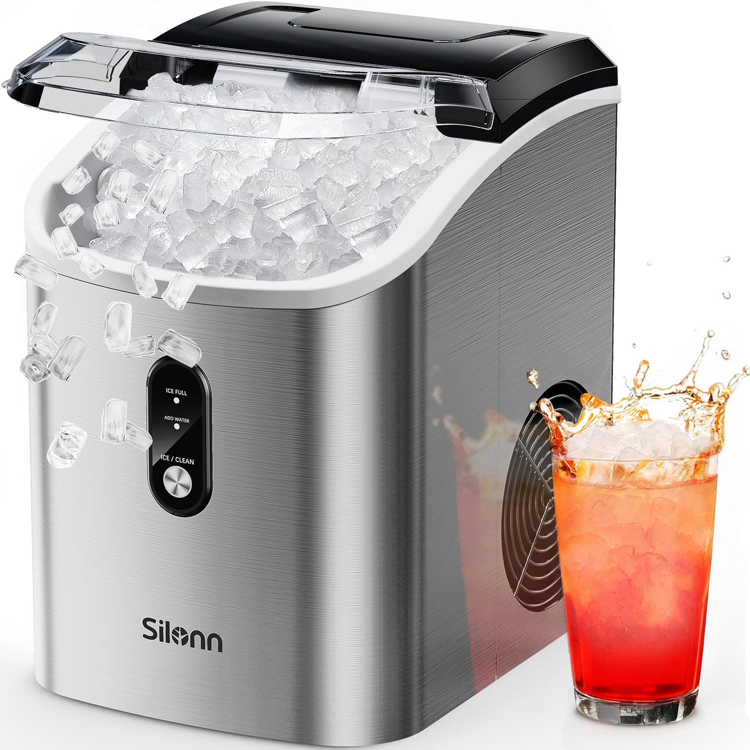 Silonn Nugget Ice Maker Countertop, Pellet Ice Machine with Self-Cleaning Function, Sonic Ice Maker Produces 33lbs of Chewable Ice in 24 Hours, Ideal for Home Kitchen and Office (Stainless Steel-17T)