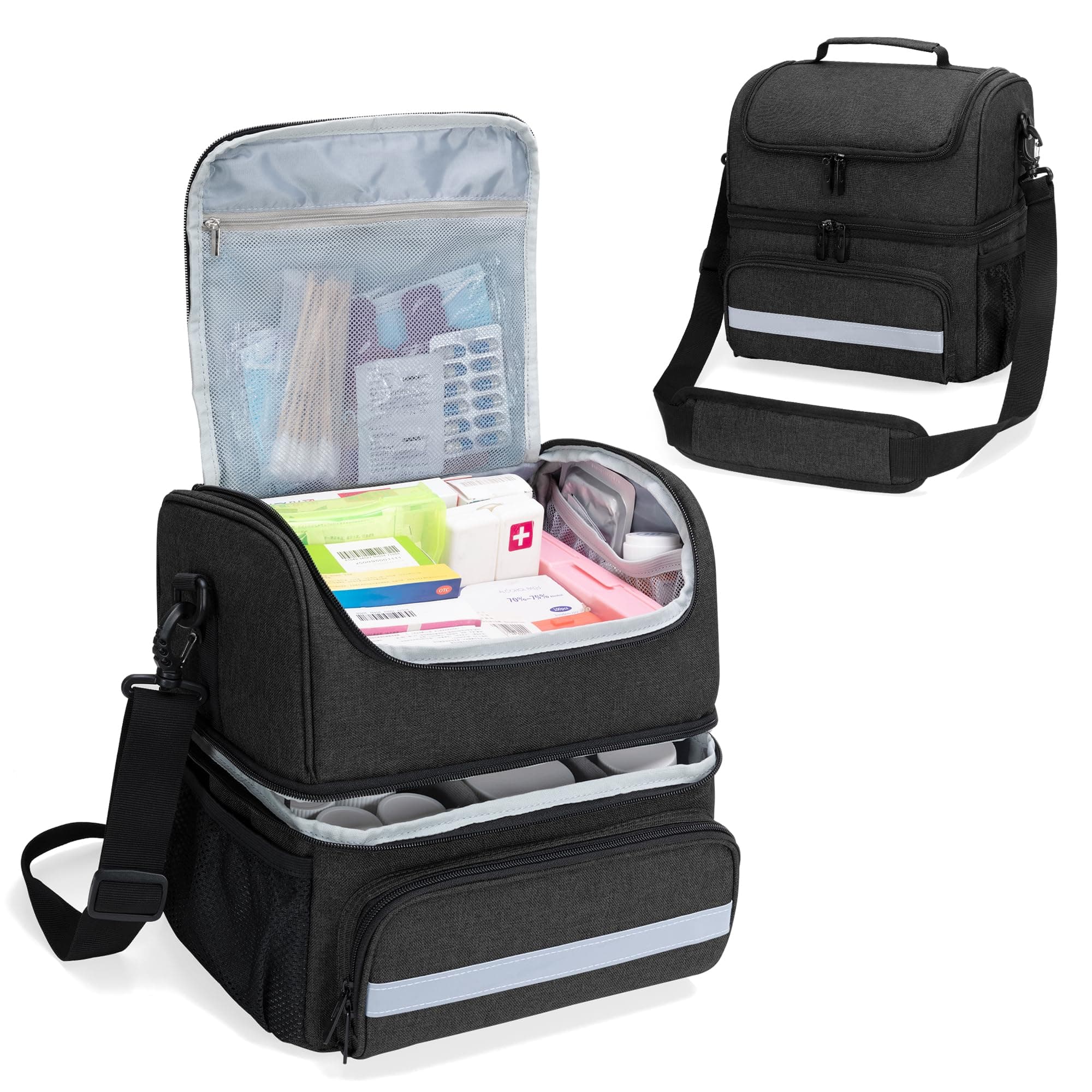 CURMIO Double Layer Medicine Storage Bag Empty, Family First Aid Organiser for Emergency Medical Kits, Portable Medicine Supplies Bag for Home and Travel, Black