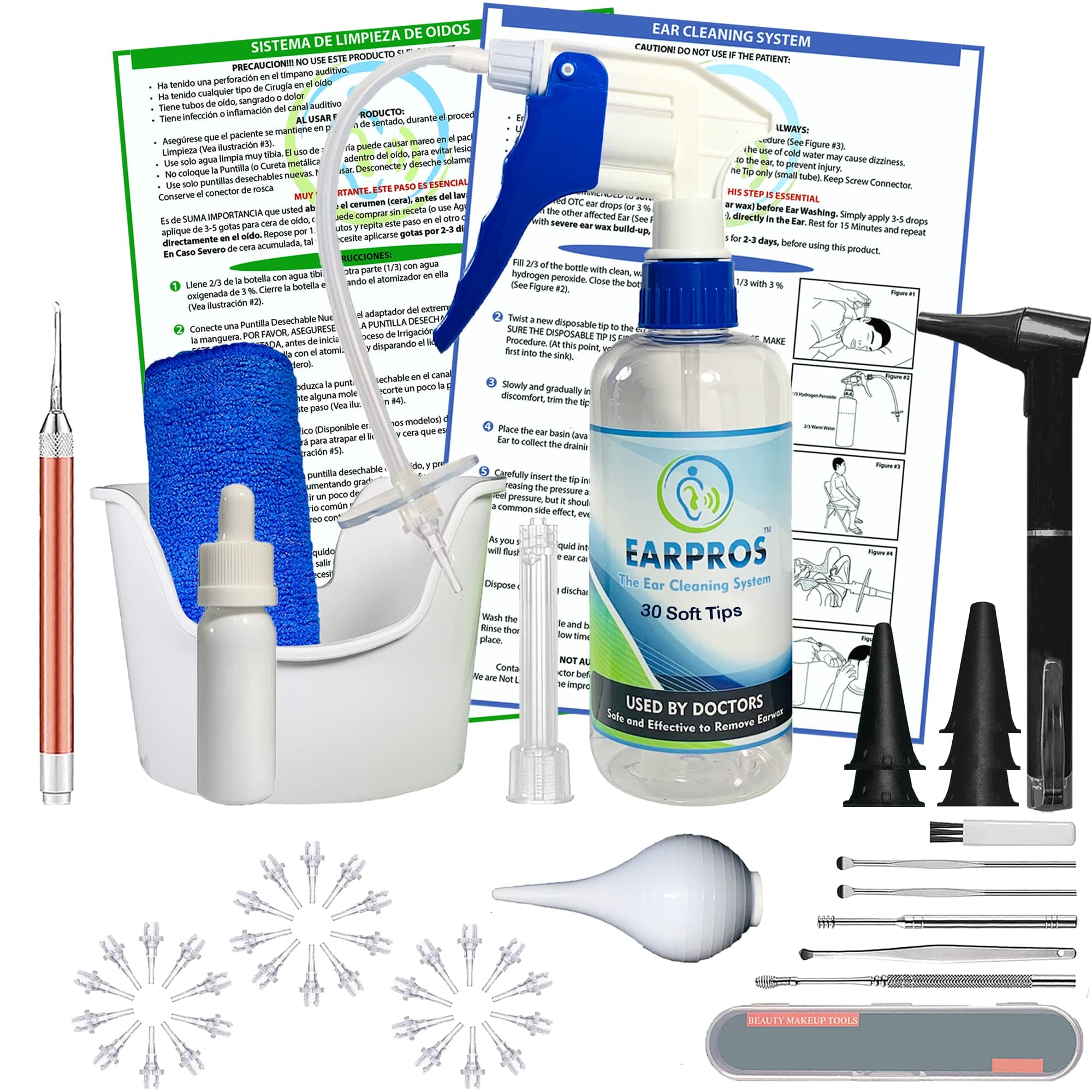 EARPROS Ear Wax Removal Tool Kit Ear Cleaning System Ear Irrigation Kit - Ear Washer for humans with 30 Soft Disposable Tips and LED Light