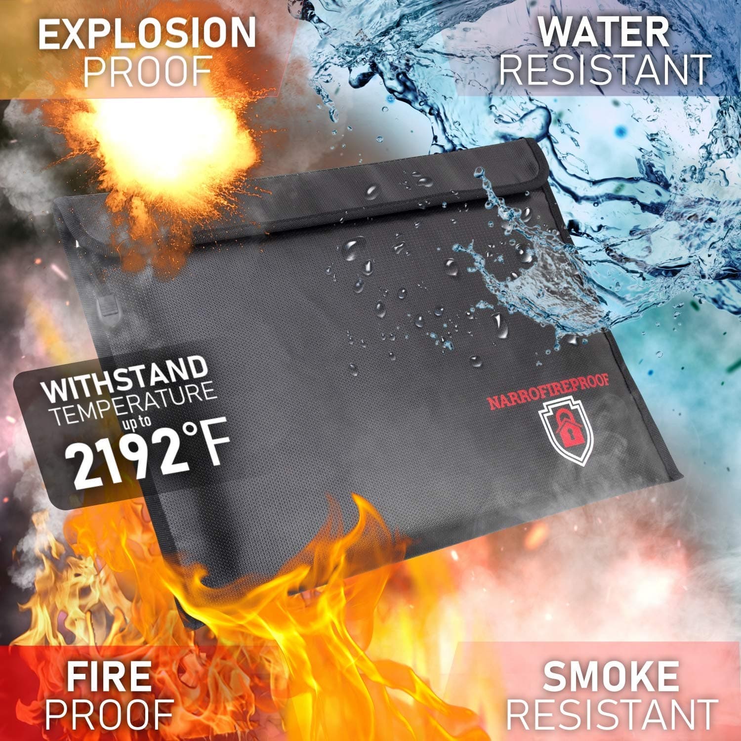 Fireproof Document Bags 2192℉ Triple Layer Fire-Resistant Money Bag 15"x11" Waterproof Document Holder Fireproof Safe Envelope Pouch with Zipper and Strong Velcro Closure