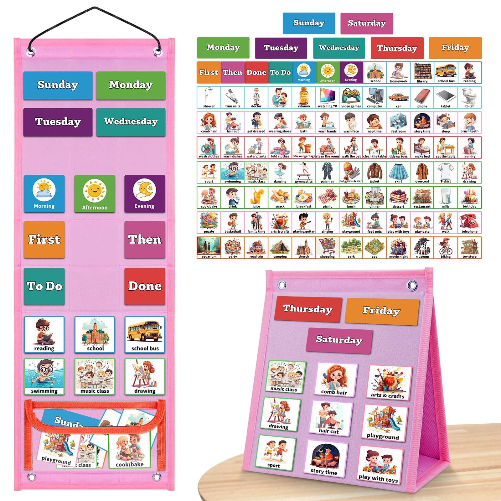 PITCOTT Visual Schedule for Kids Chore Chart，3 in 1 Daily Schedule Board Routine Pocket Chart Cards for Toddlers,Autism Learning Materials Tool Wall Planner for Home School with 103 Cards （Pink）