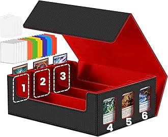 Trading Cards Storage Box - 6-Window Display 2400+ TCG PKM Commander Deck Case with 6 Card Holders for Magic the Gathering PTCG YuGiOh Sports MTG Cards Black and Red