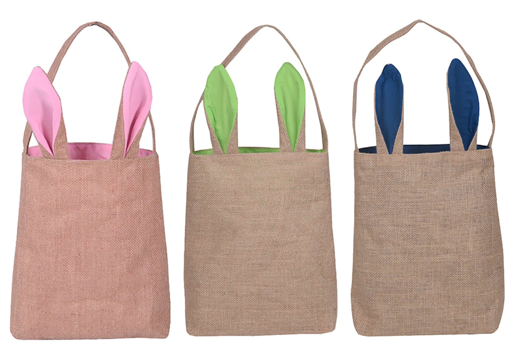KEFAN 3 Pack Easter Bags, Egg Hunting Bunny Ear Baskets Jute Burlap Reusable Tote Bags for kids DIY Blank Gift Tote Bags