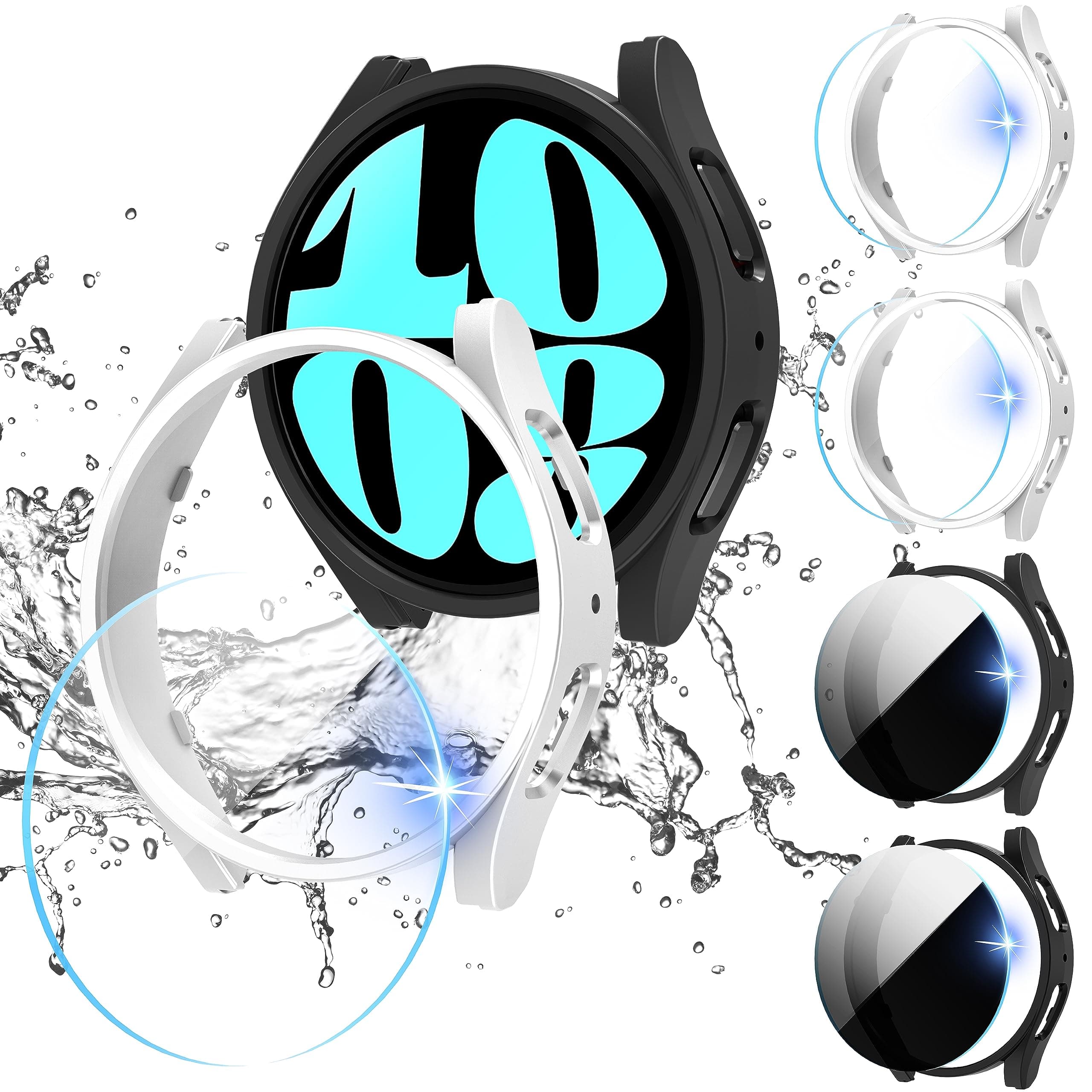 Diruite4+4Pack for Samsung Galaxy Watch 6 44mm Case+Screen Protector,Scratch Resistant PC Hollow Shell Cover*4&Privacy Tempered Glass*2+Clear Tempered Glass*2 for Samsung Galaxy Watch 6 44mm