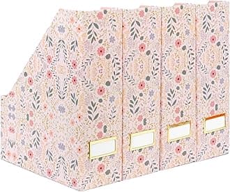 BLU MONACO | Cardboard Magazine File Holder Set of 4 | Standing File Holder with Floral Boho Design | Foldable Cardboard Bins for Shelves Desk Office Storage