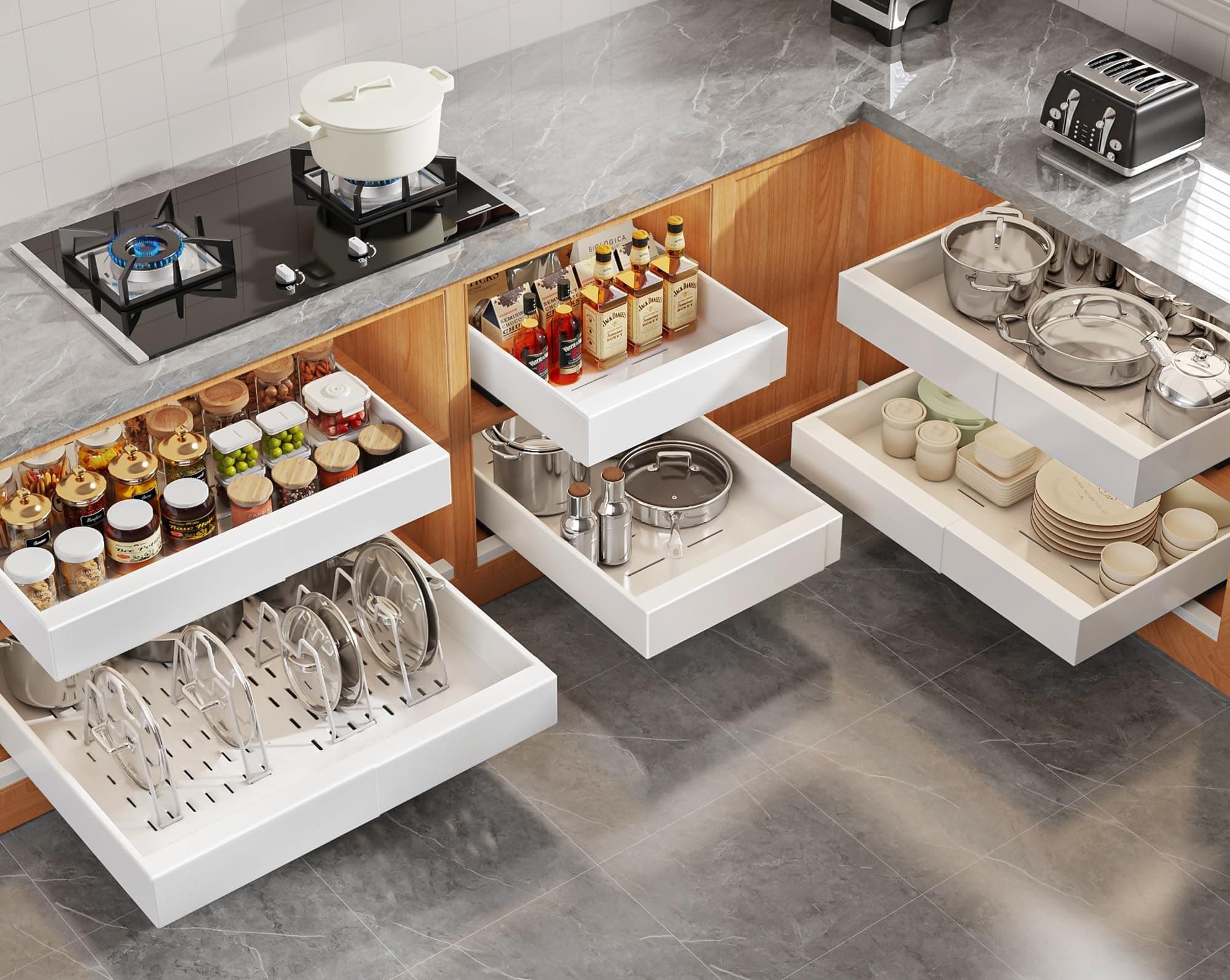 6Pack Expandable Pull Out Cabinet Organizer 21"Deep With Raising Pad for Framed Cabinets,Slide Out Drawers with 4pcs Divider Racks,Roll Out Shelves Adhesive,Adjustable Width 12.05"-20.4"White