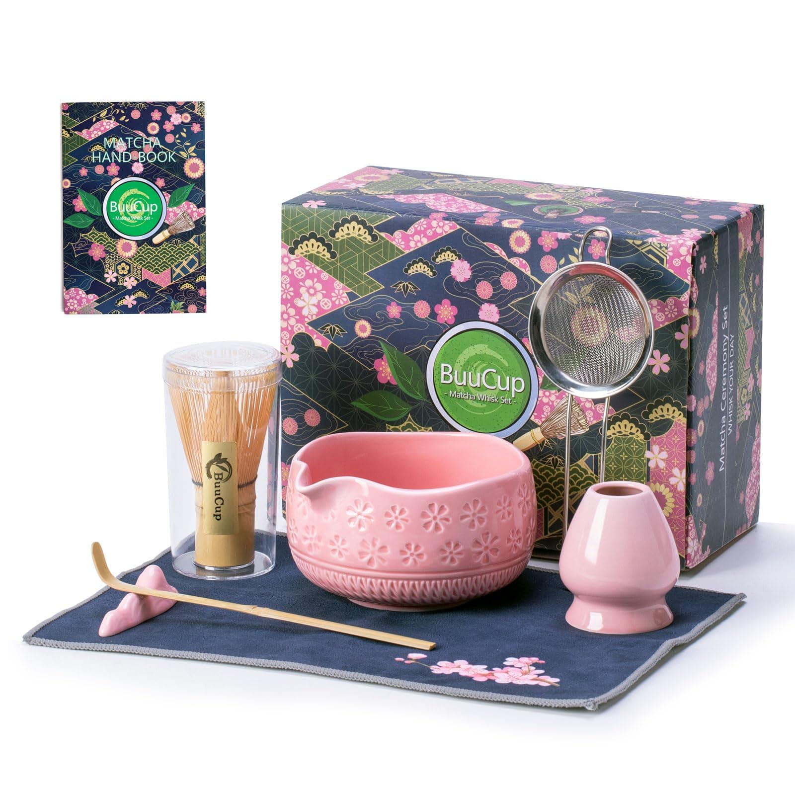 Matcha Whisk Set, Ceramic Matcha Kit Set Includes Matcha Bowl, Matcha Whisk and Holder, Bamboo Scoop, Scoop Rest, Sifter and Tea Towel - 7 Pcs Matcha Kit for Matcha Lovers (Pink)