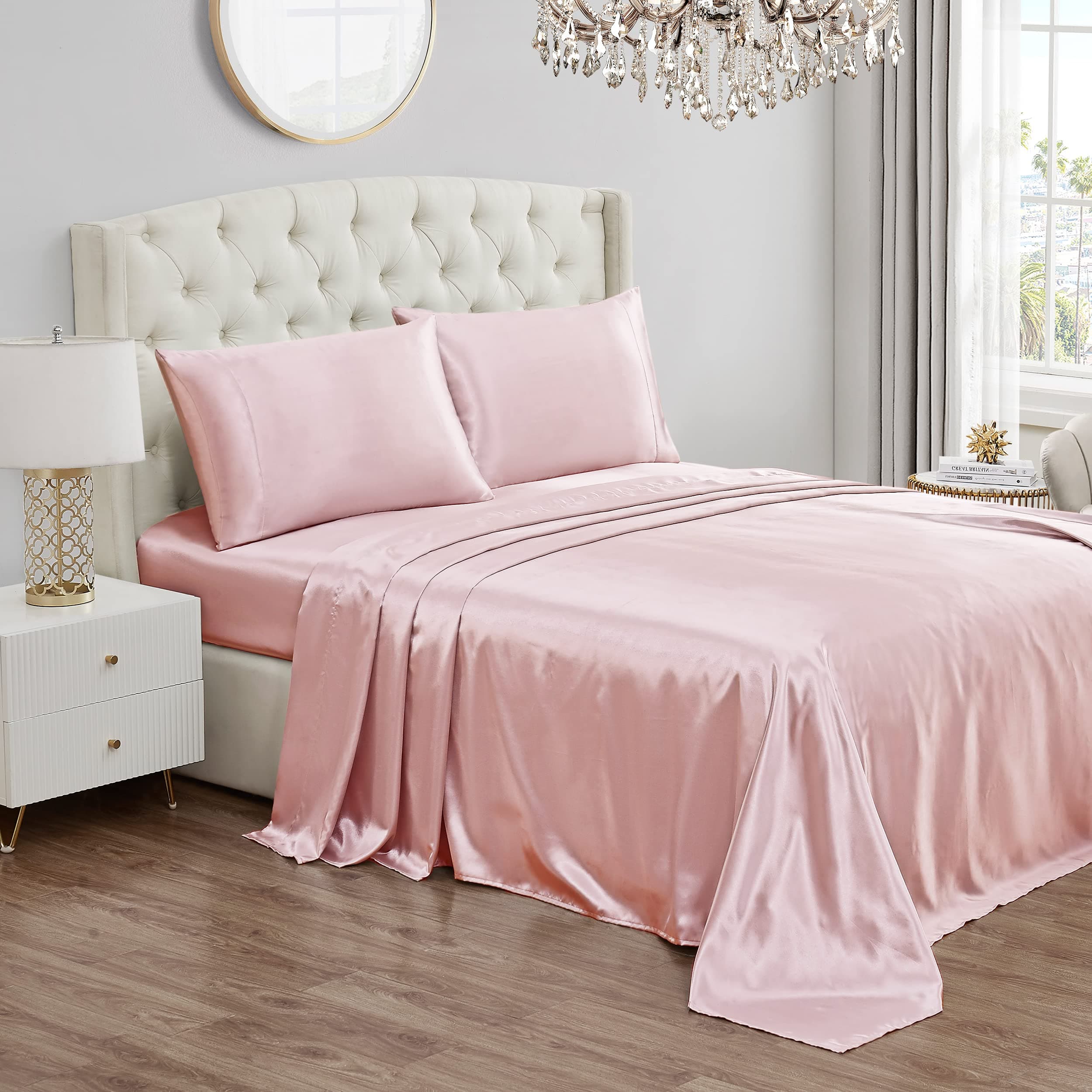 Satin Sheet Set | Silky Smooth Bed Sheets | Queen Size Bedding | 4 Piece Set Includes Fitted Sheet, Flat Sheet, and 2 Pillowcases | Wrinkle Resistant and Anti Pilling | Pink