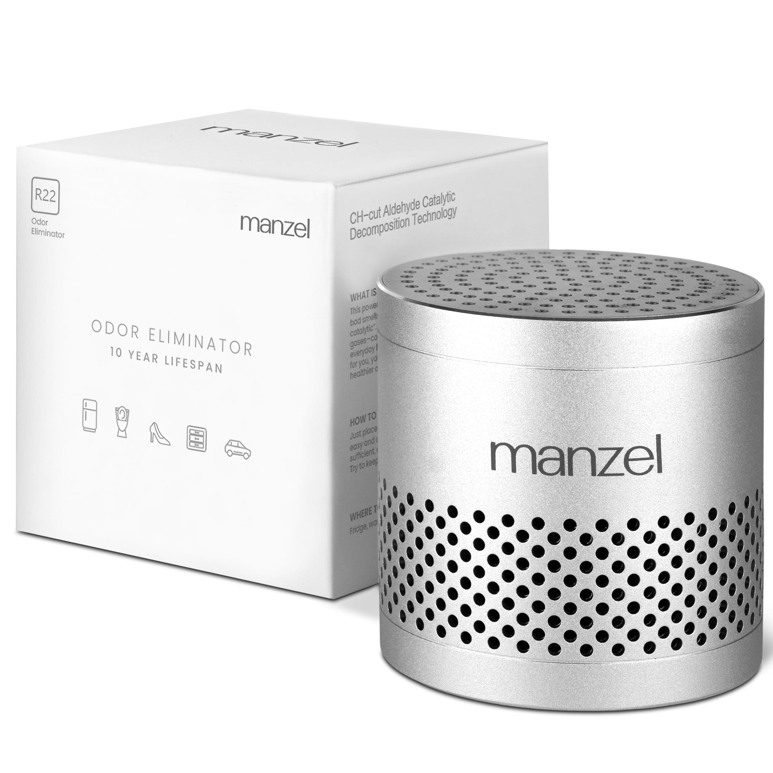 manzel Fridge Deodorizer For Refrigerator Odor Remove | Stainless Steel Deodorizer More Effective Than Baking Soda & Bamboo Air Purifying Bags - Silver