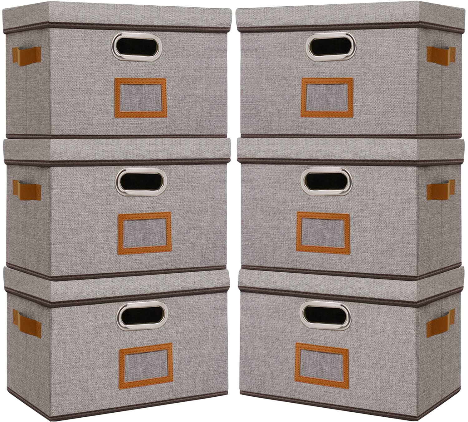 OUTBROS6-Pack Large Collapsible Storage Bins with Lids, Foldable Fabric Storage Boxes Organizer Containers Baskets Cube with Label Window, for Home Bedroom Office, 13 * 9 * 7.9in Gray