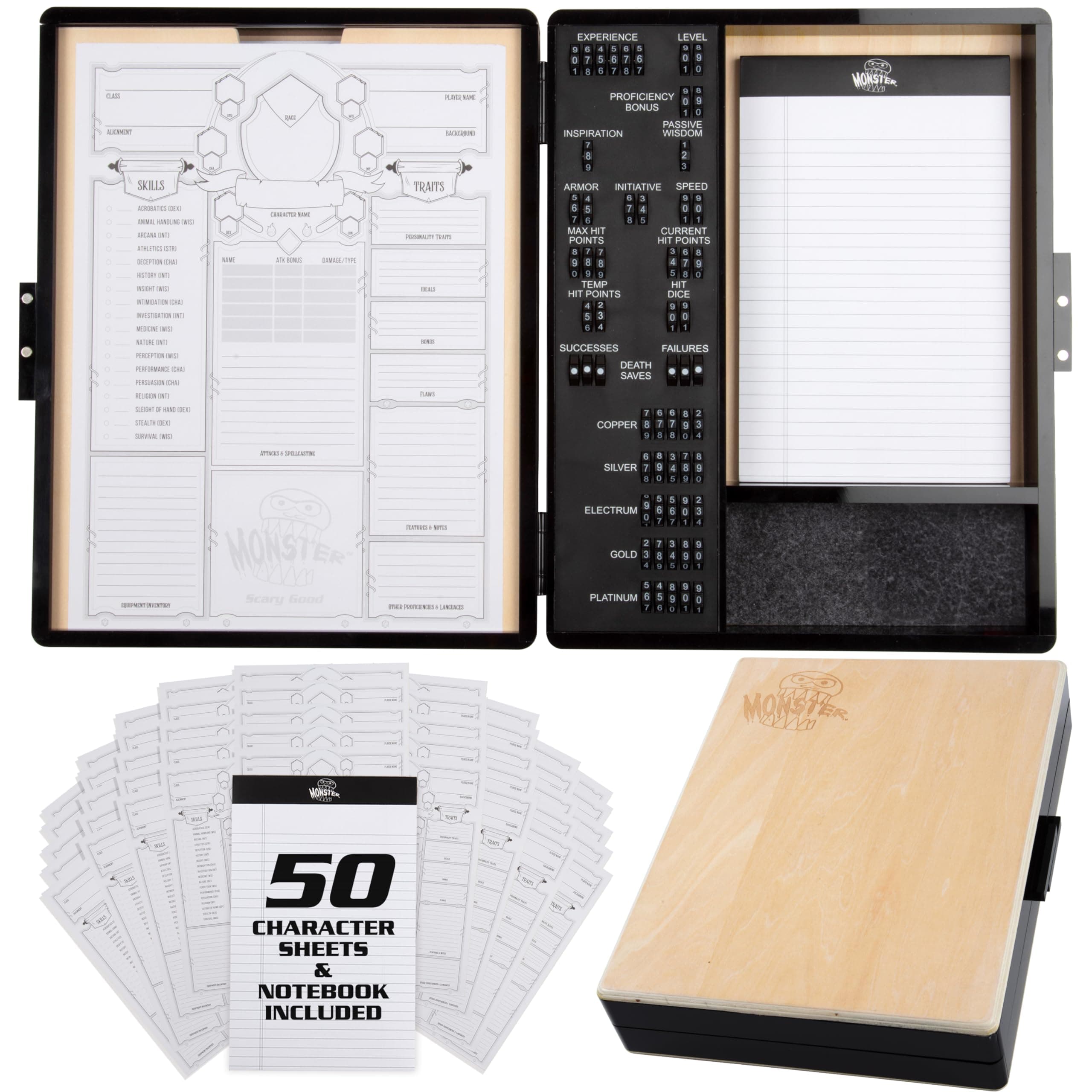 Monster Wooden Deluxe DND Stat Tracker Case- Compatible with Dungeons and Dragons- Keep Track of Character Stats, Attacks & Abilities- Removable Acrylic Cover- Eliminate Time, Gameplay Fun, Xmas Gift