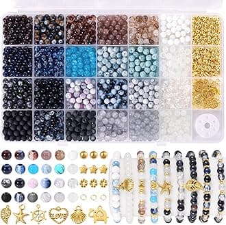 Funtopia Glass Beads for Jewelry Making, 1377pcs Neutral Tones Bracelet Making Kit, 24 Colors 6mm Round Glass Beads, Marble Loose Beads and Gold Spacer Beads, DIY Crafts Gifts for Women Men