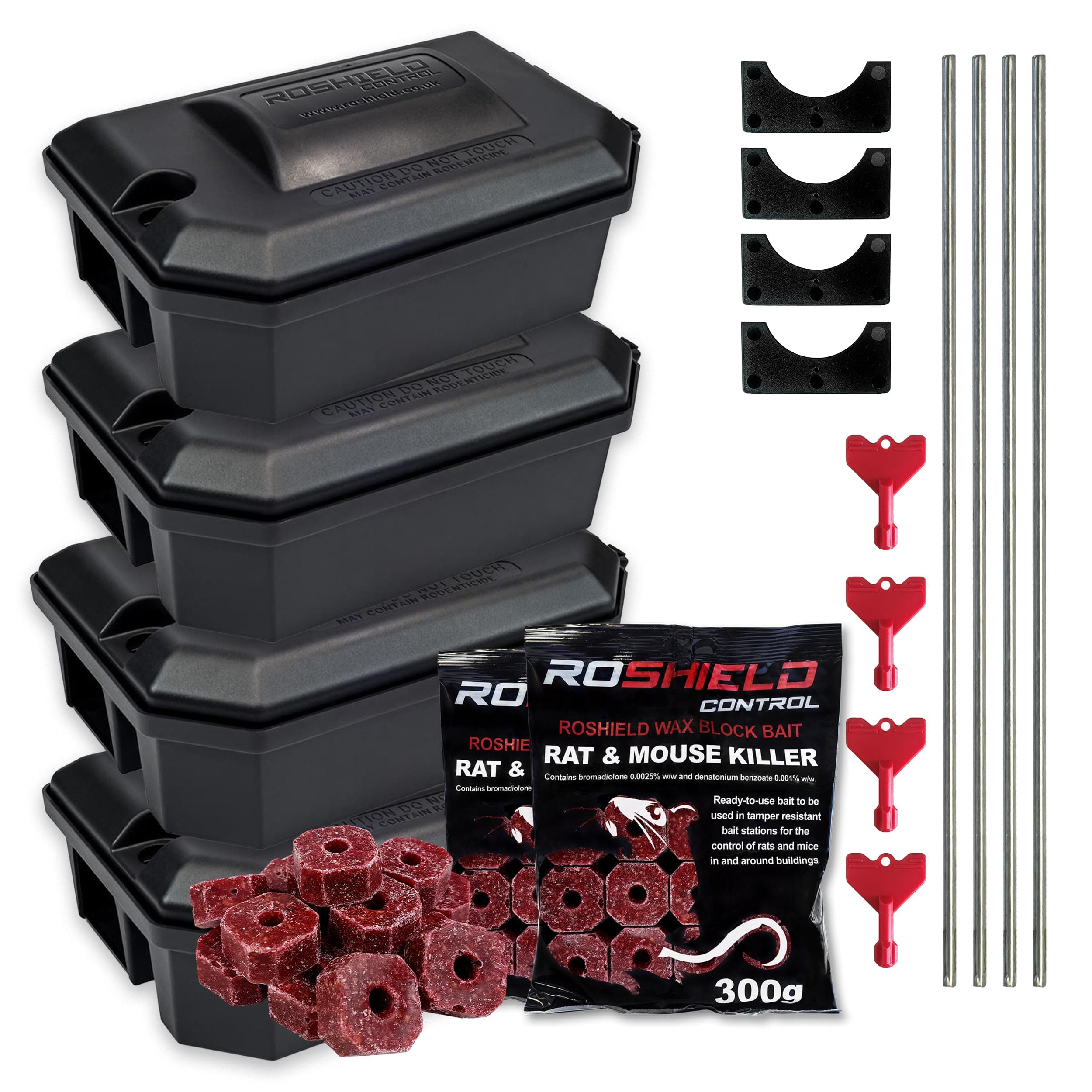 External Tamper Proof Rodent Boxes & Wax Bait Rat Killer Poison Block Kit (4 Boxes & 300 gr Blocks)