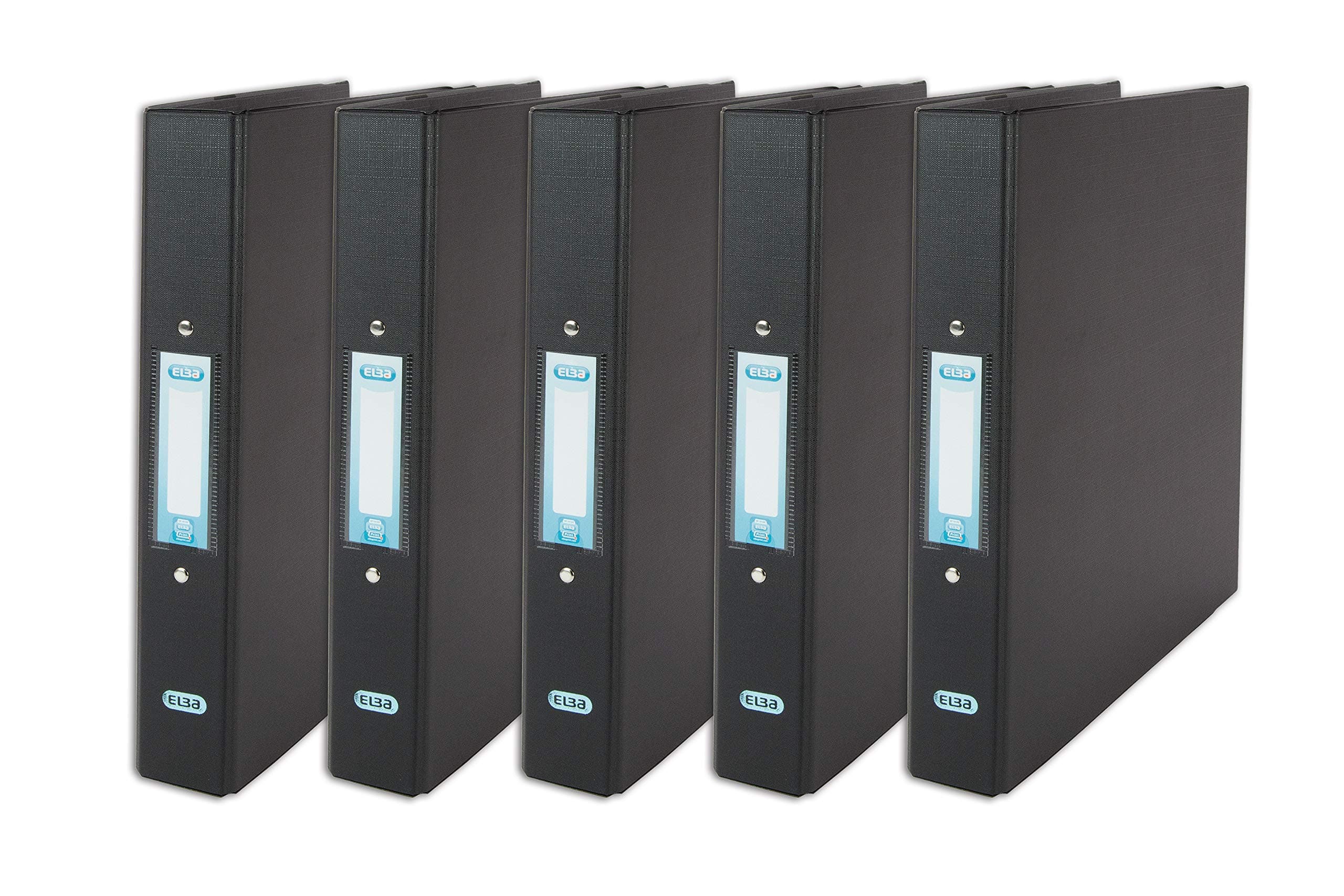 Elba A4 Black Ring Binders, 35mm Spine, 250 sheet Capacity, Plastic on Board, 5-Pack for Office, School and Home Organisation
