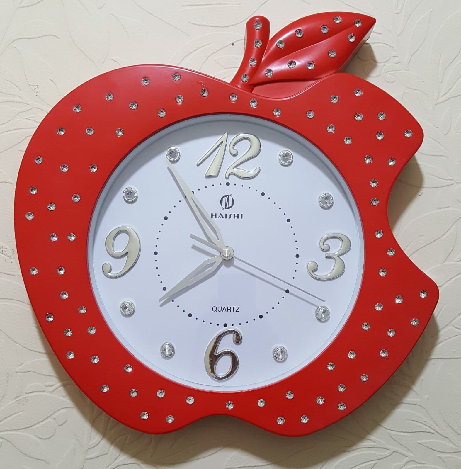 nmt Large Apple Shape Fancy Wall Clock, Diamond Details, Ideal for Home Available in Black, Red and White Colours (Red)