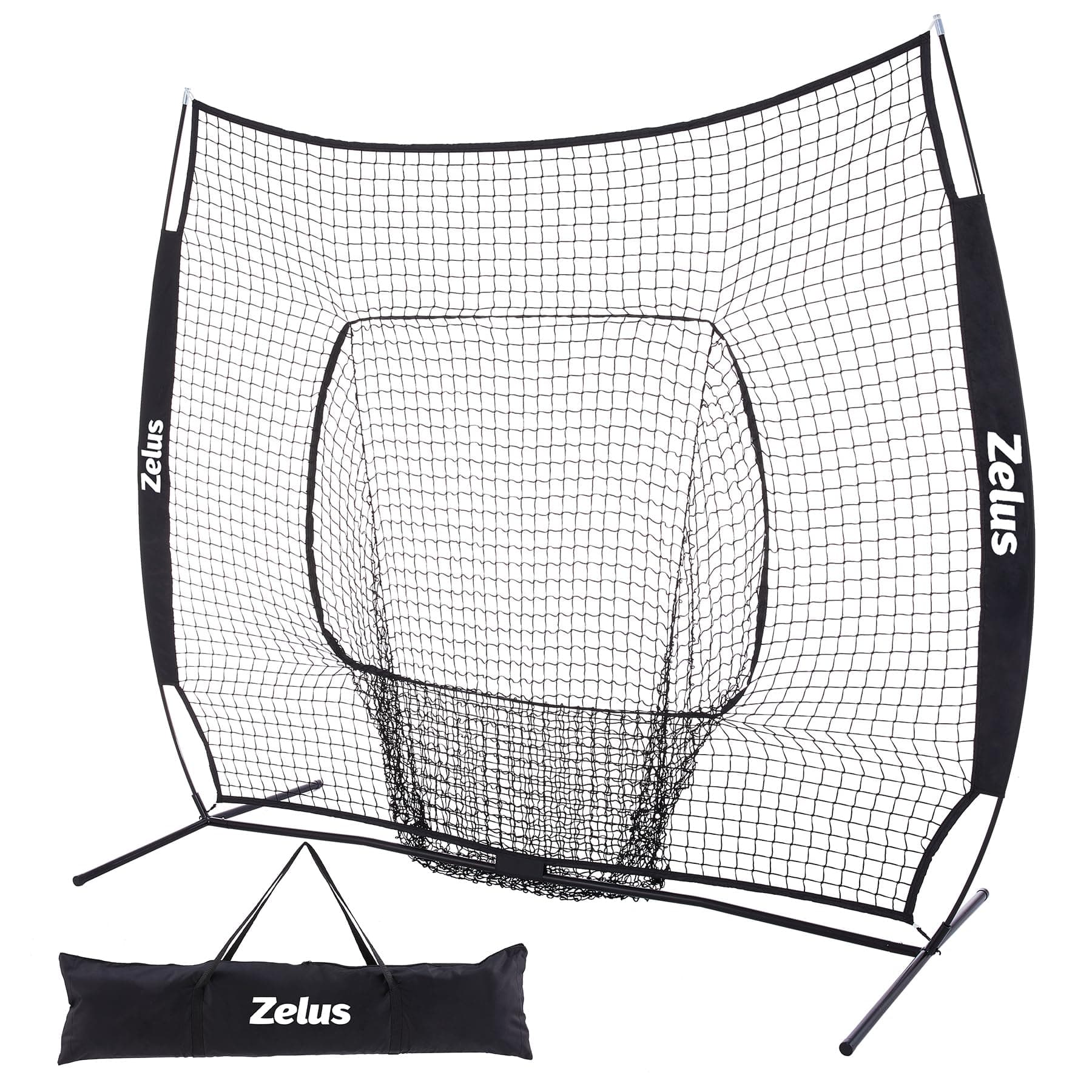 ZELUS Baseball Net 7 ft x7 ft, Softball Hitting & Pitching with Carry Bag, Ground Stakes, Portable Backstop & Bow Frame, Training Equipment for All Ages