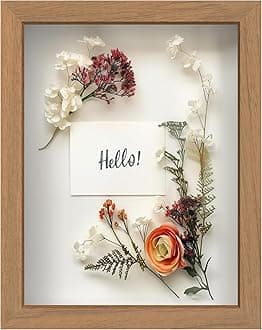 FrameWorks 8.5” x 11” Golden Oak Wooden Shadow Box Frame – Display Case with Soft Felt Back, Memory Box with Tempered Glass, Display Box with Elegant White Ball Push Pins, Wooden Flower Box