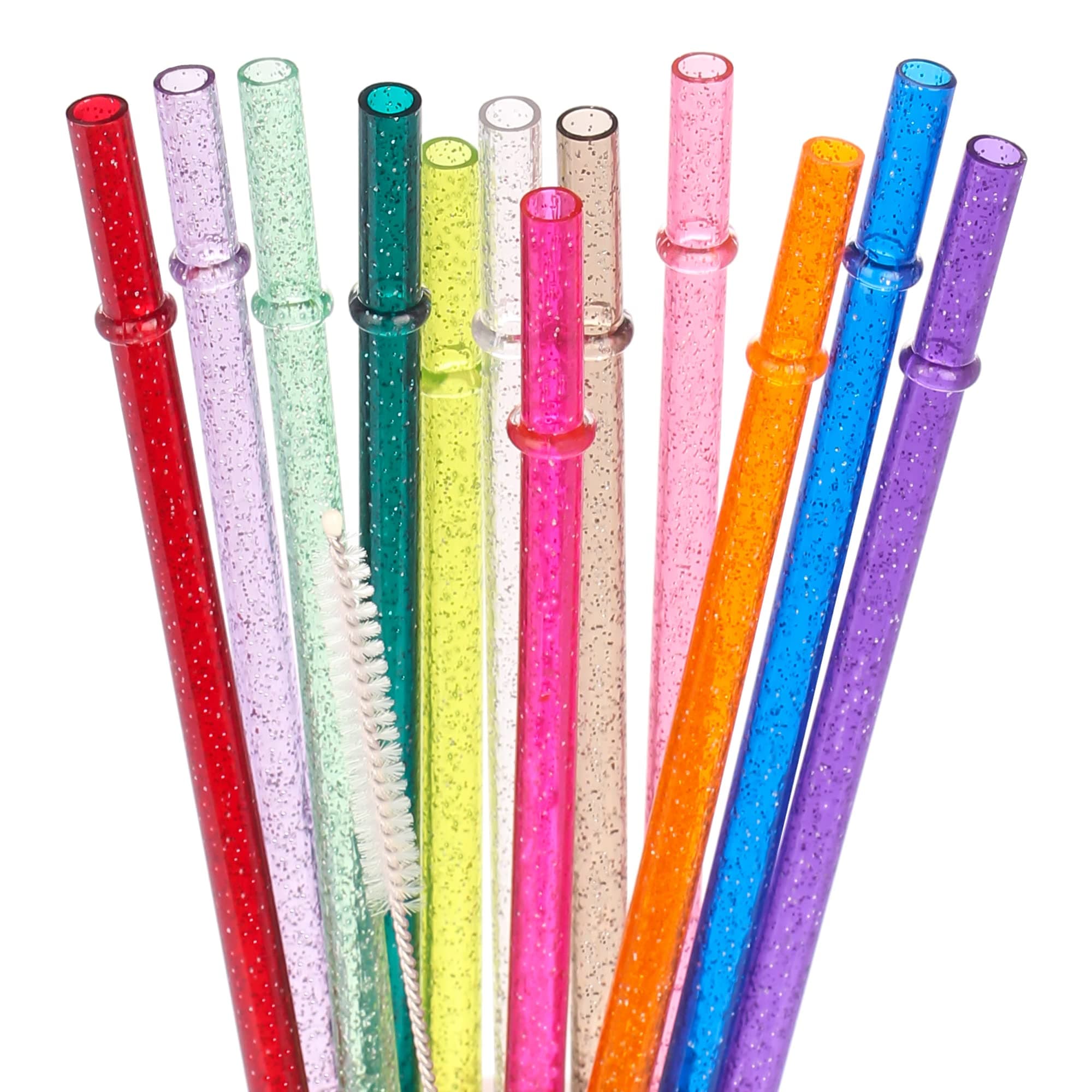 11 Inch Reusable Tritan Plastic Straws,Replacement Glitter Sparkle Drinking Straws for 24 oz-40 oz Mason Jars/Tumblers,Set of 12 with Cleaning Brush(12color,11inch)