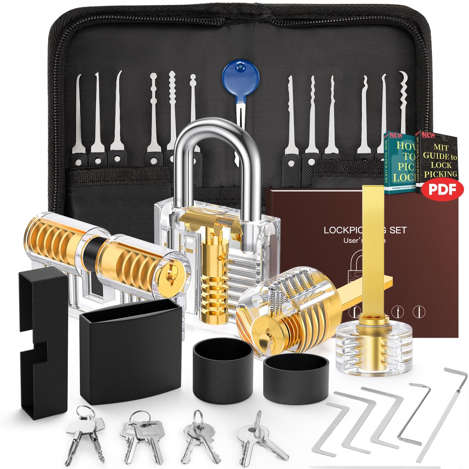 IPSXP Lock Picking Set, 32-Piece Lock Pick Set with 4 Transparent Training Locks and Manual and Zip Case for Lockpicking, Extractor Tool for Beginner and Locksmith Training