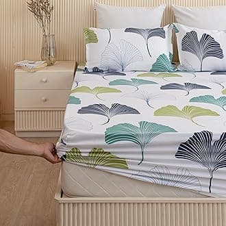 HOMEMONDE 100% Cotton Fitted Bed Sheet for Queen Size Bed, Ginkgo Leaf Printed All Around Elastic Bedsheet (72 x 72 Inch) with 2 Pillow Cover | Perfect for Home Decor & Gifting