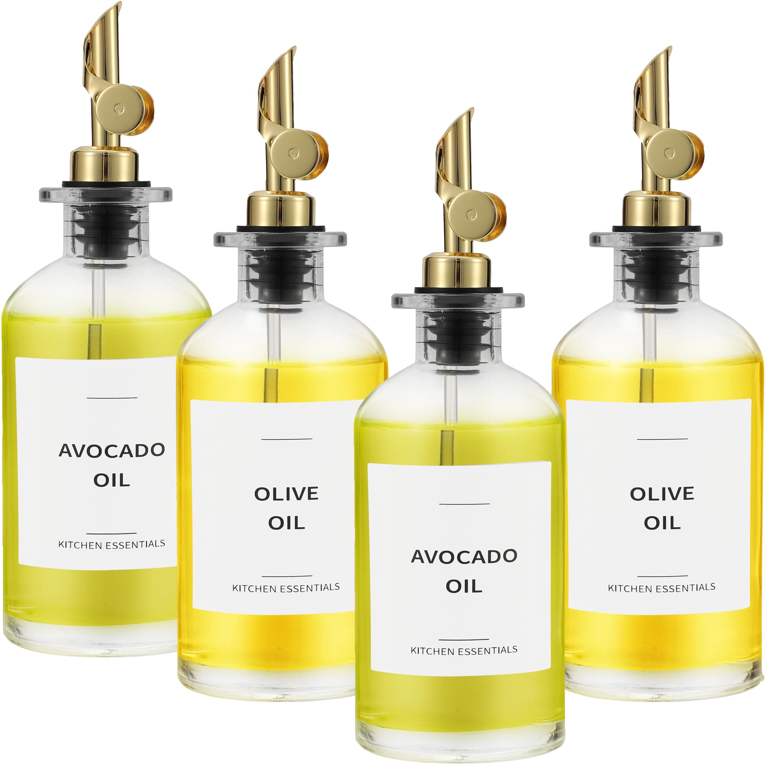 Olive Oil Dispenser Bottle - Includes 55 Kitchen Essential Labels - Cooking Oil Bottles for Kitchen, Coffee Syrup Dispenser - Pourer Spout with 11.8 fl oz Glass Container Cruet - 4pcs, Gold