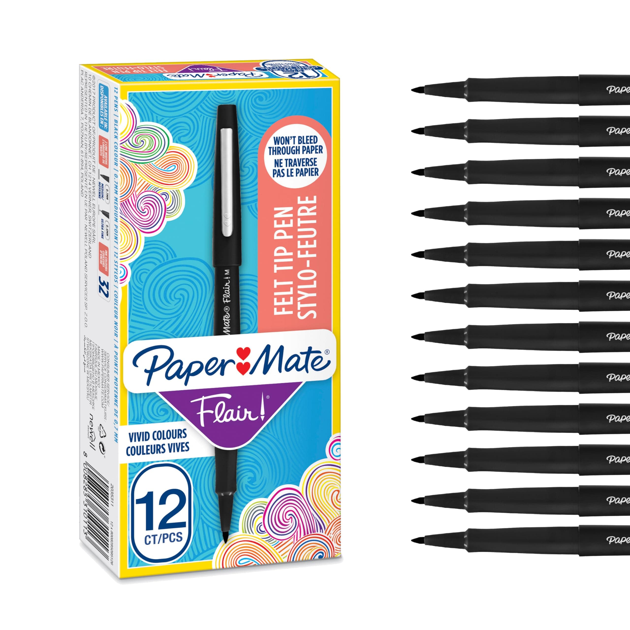 Paper Mate Flair Pen, 0.7 mm Medium Tip, Black, Box of 12